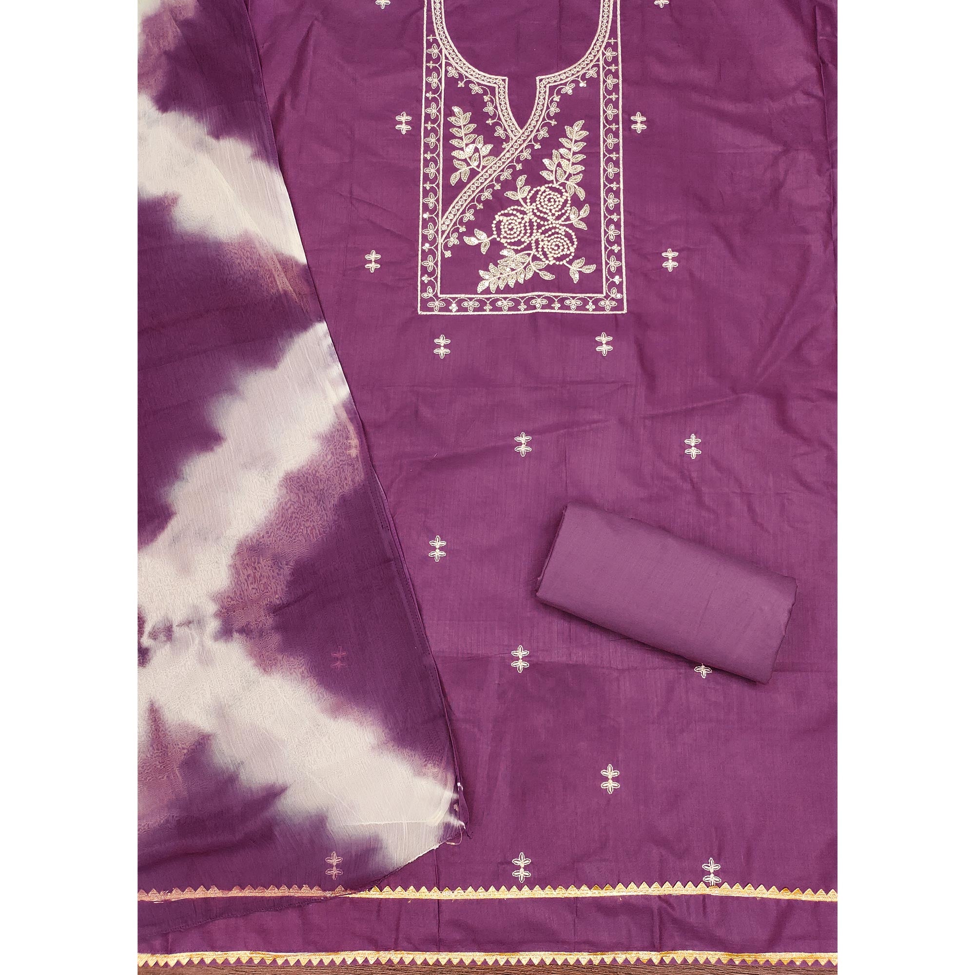 Purple Cotton Blend Dress Material Highlighted With Floral Thread & Sequins Work