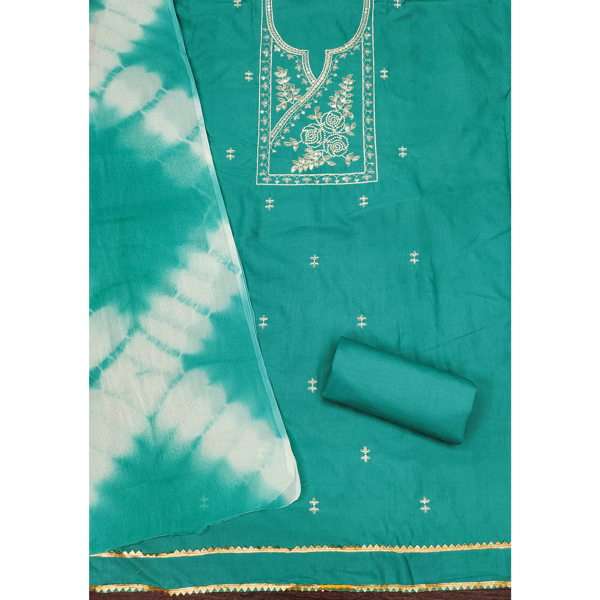 Turquoise Cotton Blend Dress Material Highlighted With Floral Thread & Sequins Work