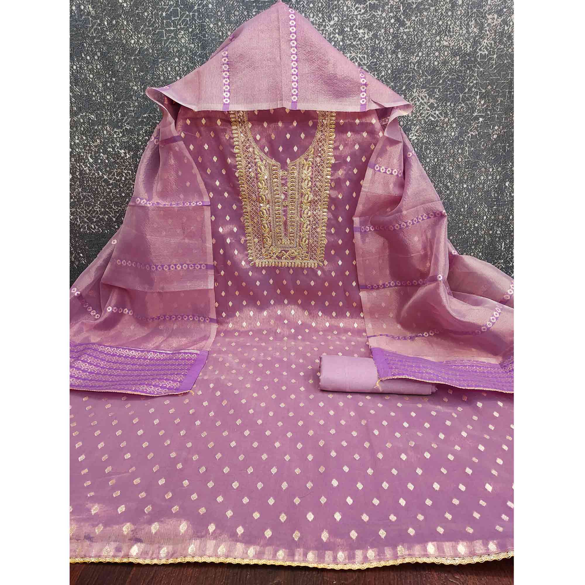 Classic Lavender Butti Weaving Shimmer Dress Material Enhanced With Sequins Cording Embroidery