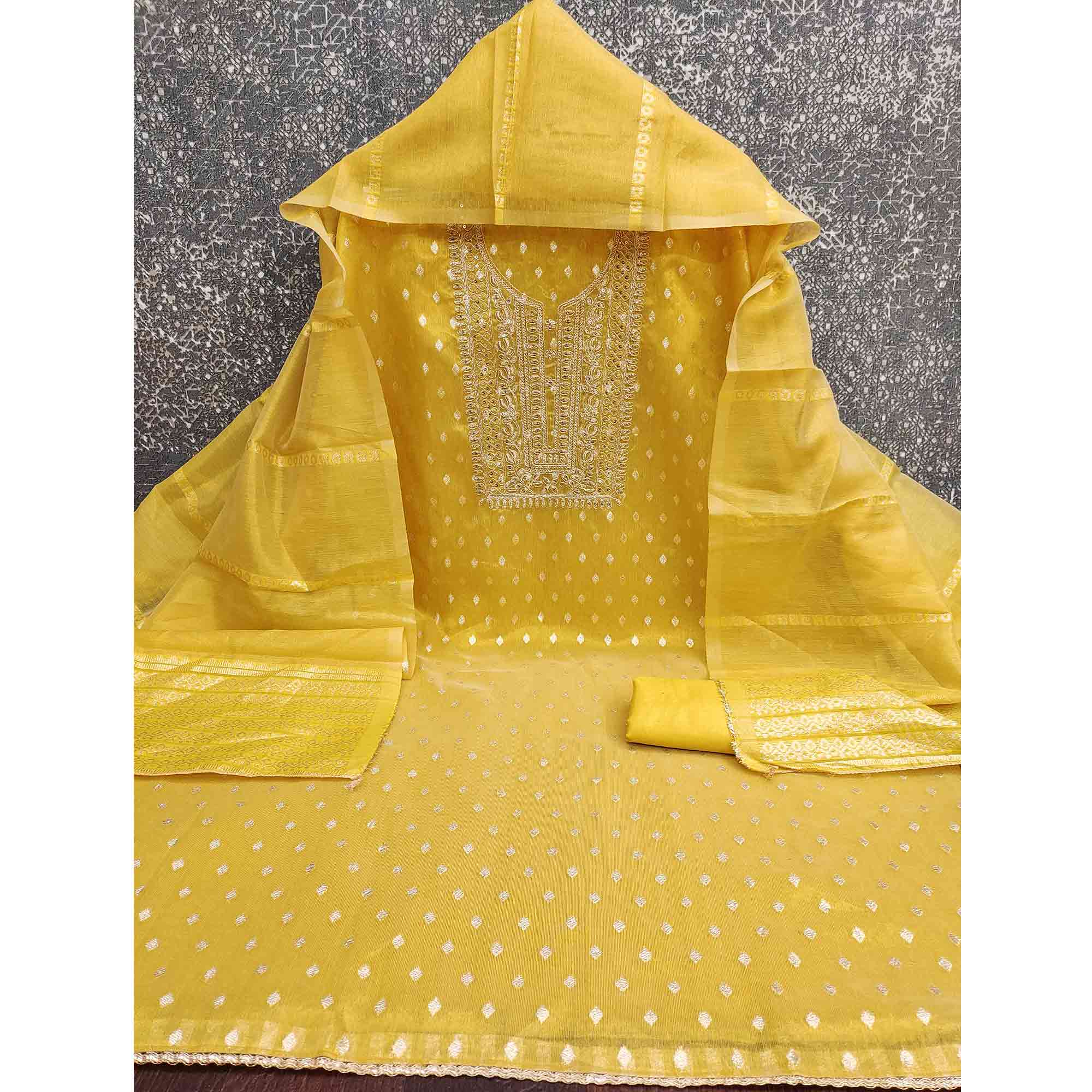 Classic Yellow Butti Weaving Shimmer Dress Material Enhanced With Sequins Cording Embroidery