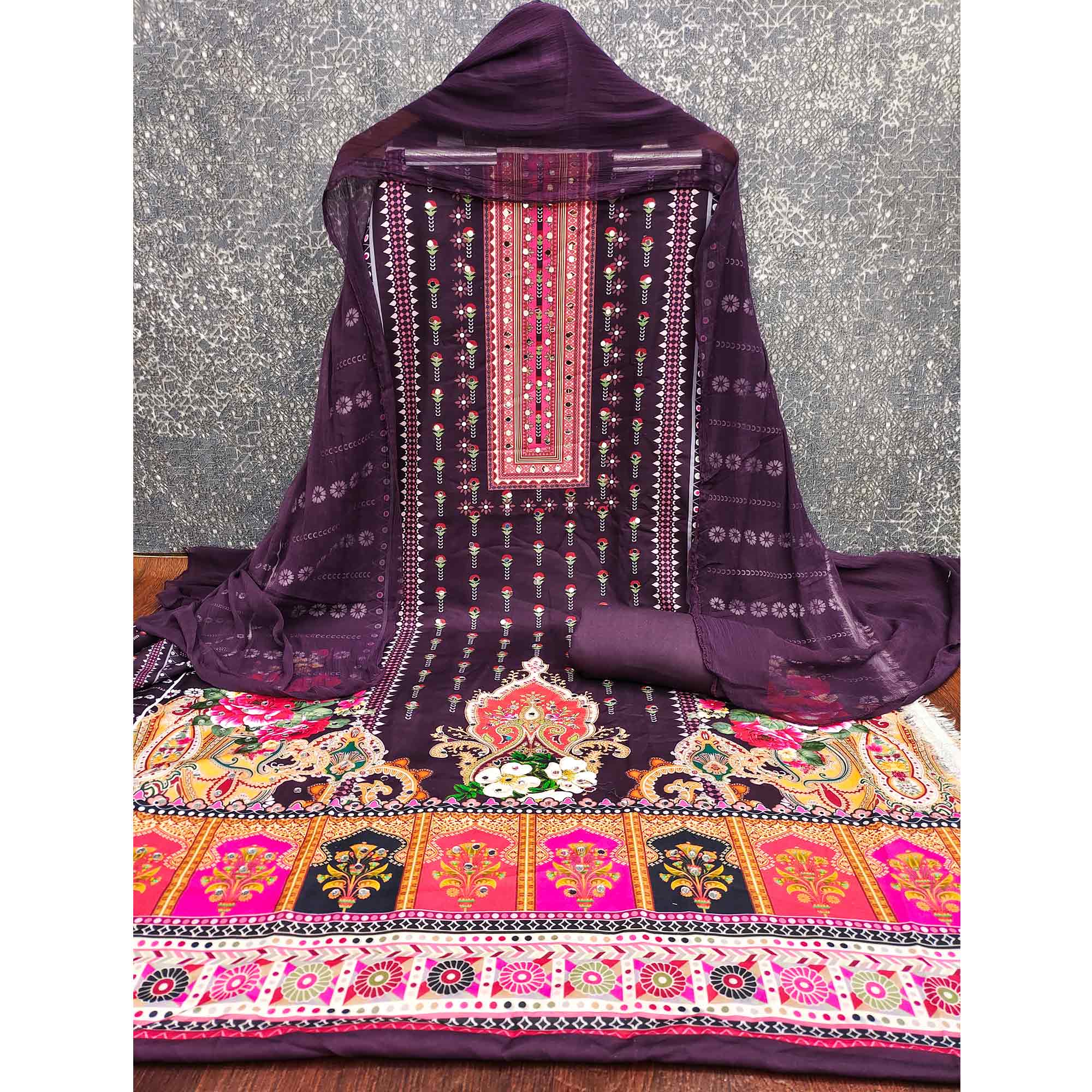 Wine Floral Printed Rayon Fabric Set with Decorative Mirror Work for a Festive Look