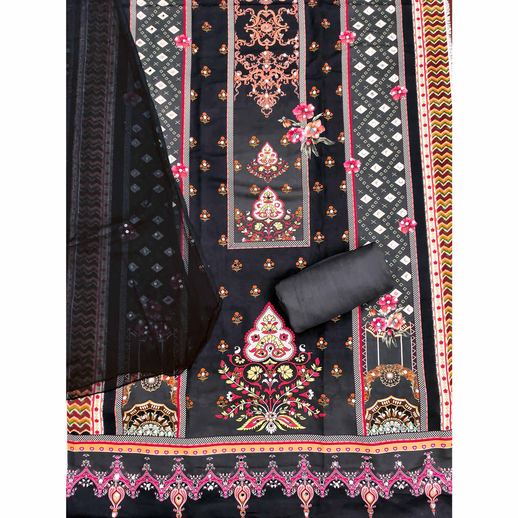 Black & Pink Floral Digital Printed Rayon Dress Material Enhanced With Mirror Work