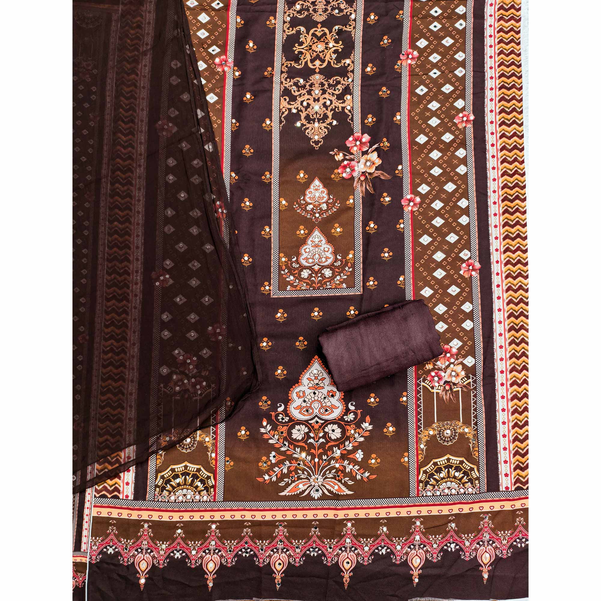 Brown Floral Digital Printed Rayon Dress Material Enhanced With Mirror Work
