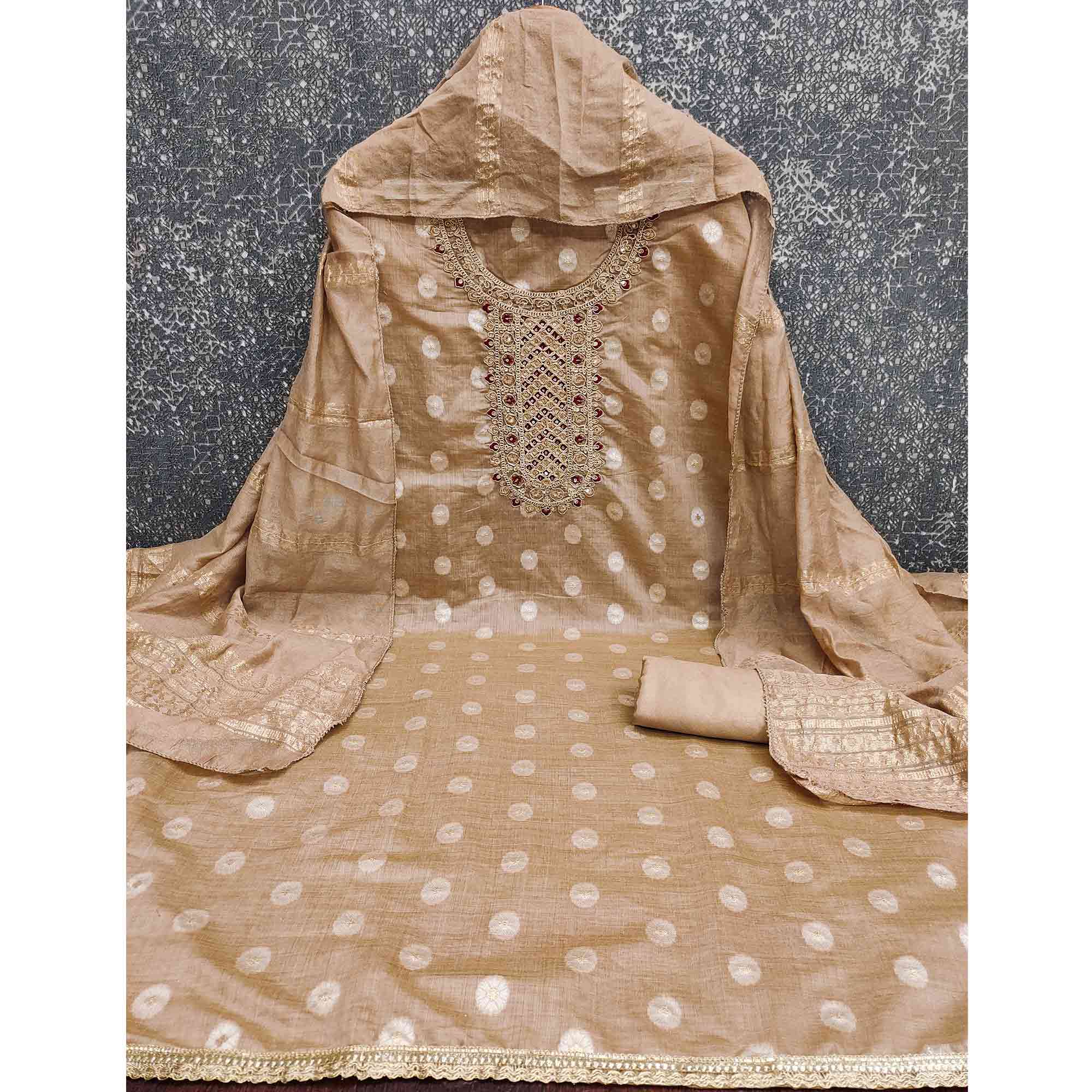 Graceful Light Brown Jacquard Dress Material Featuring Floral Weaving & Sequins Cording Embroidery