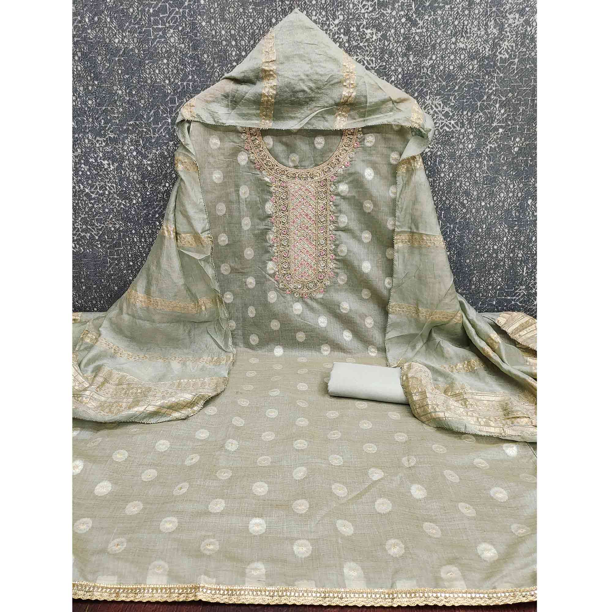 Graceful Sage Green Jacquard Dress Material Featuring Floral Weaving & Sequins Cording Embroidery