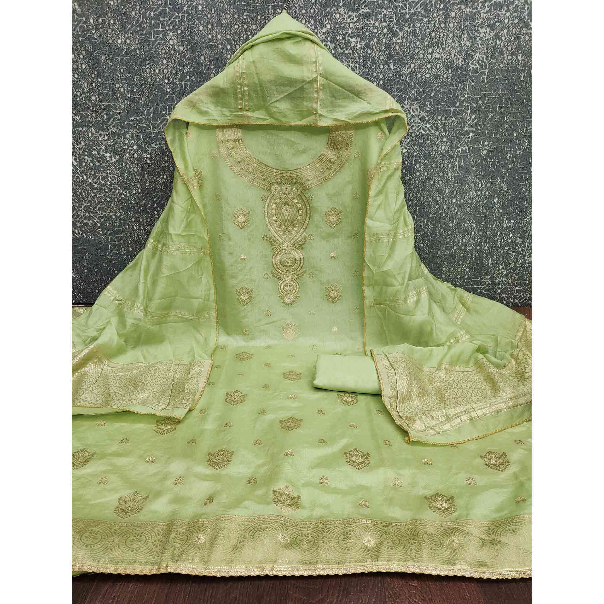 Refined Green Viscose Jacquard Dress Material Featuring Floral Weaving Work