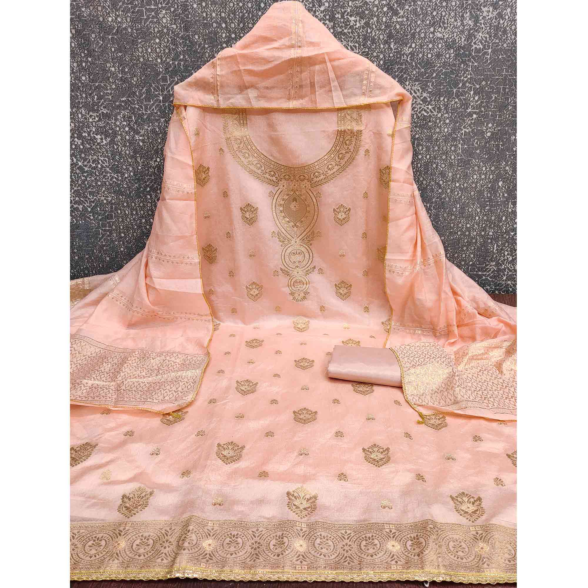 Refined Peach Viscose Jacquard Dress Material Featuring Floral Weaving Work