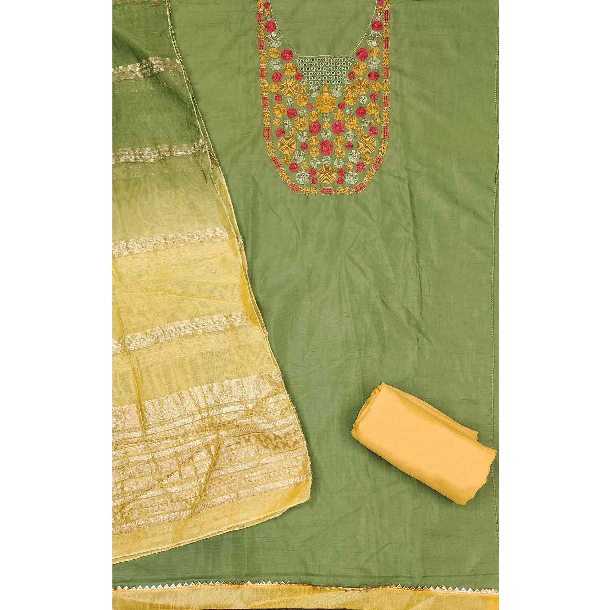 Charming Green Thread Embroidered Cotton Blend Dress Material With Sequins & Gota Patti Accents