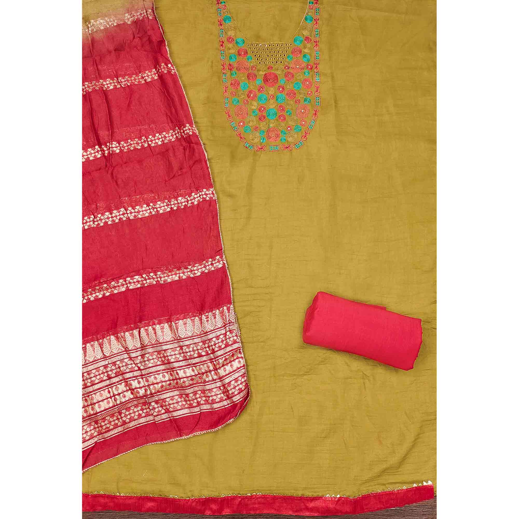 Charming Mustard Thread Embroidered Cotton Blend Dress Material With Sequins & Gota Patti Accents