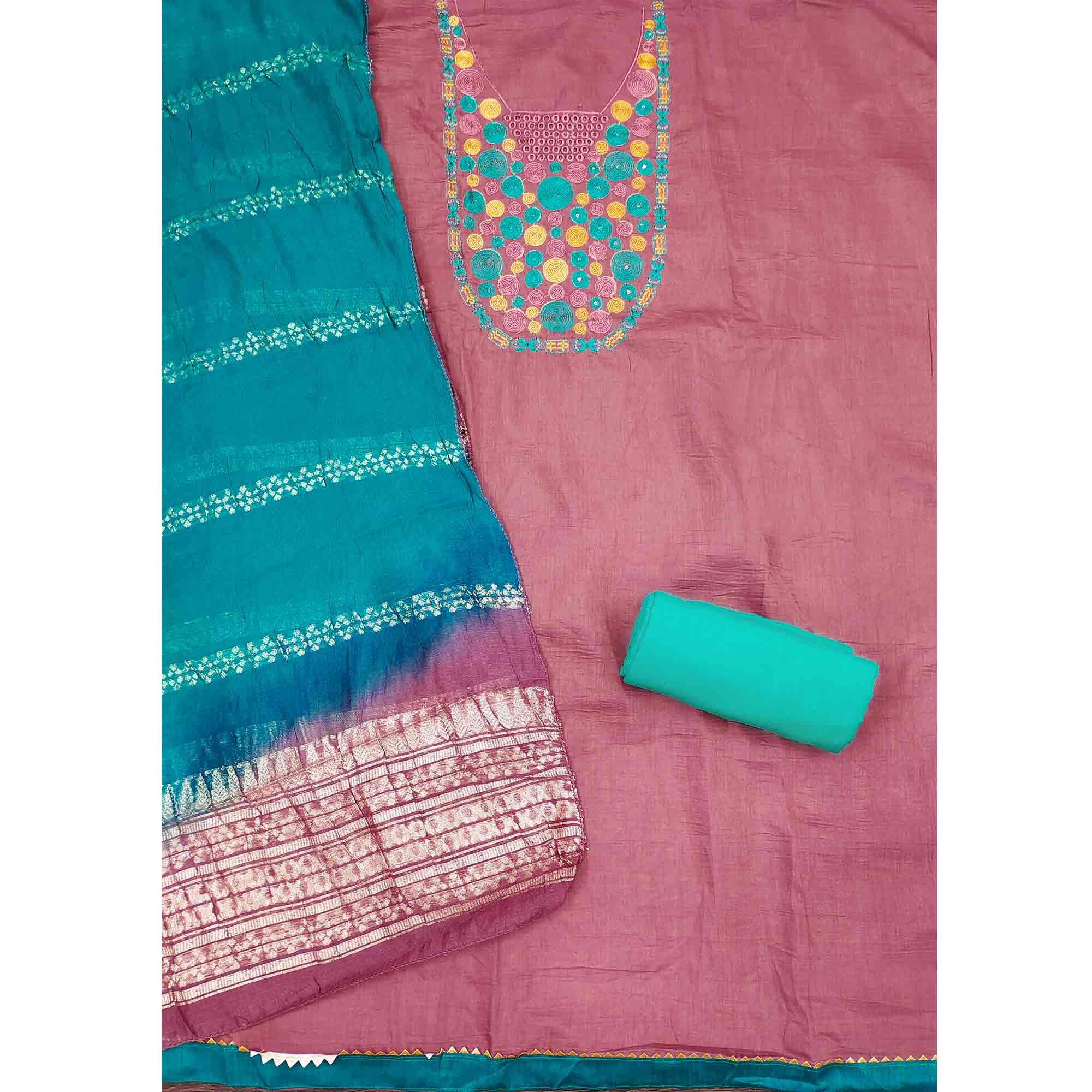 Charming Pink Thread Embroidered Cotton Blend Dress Material With Sequins & Gota Patti Accents