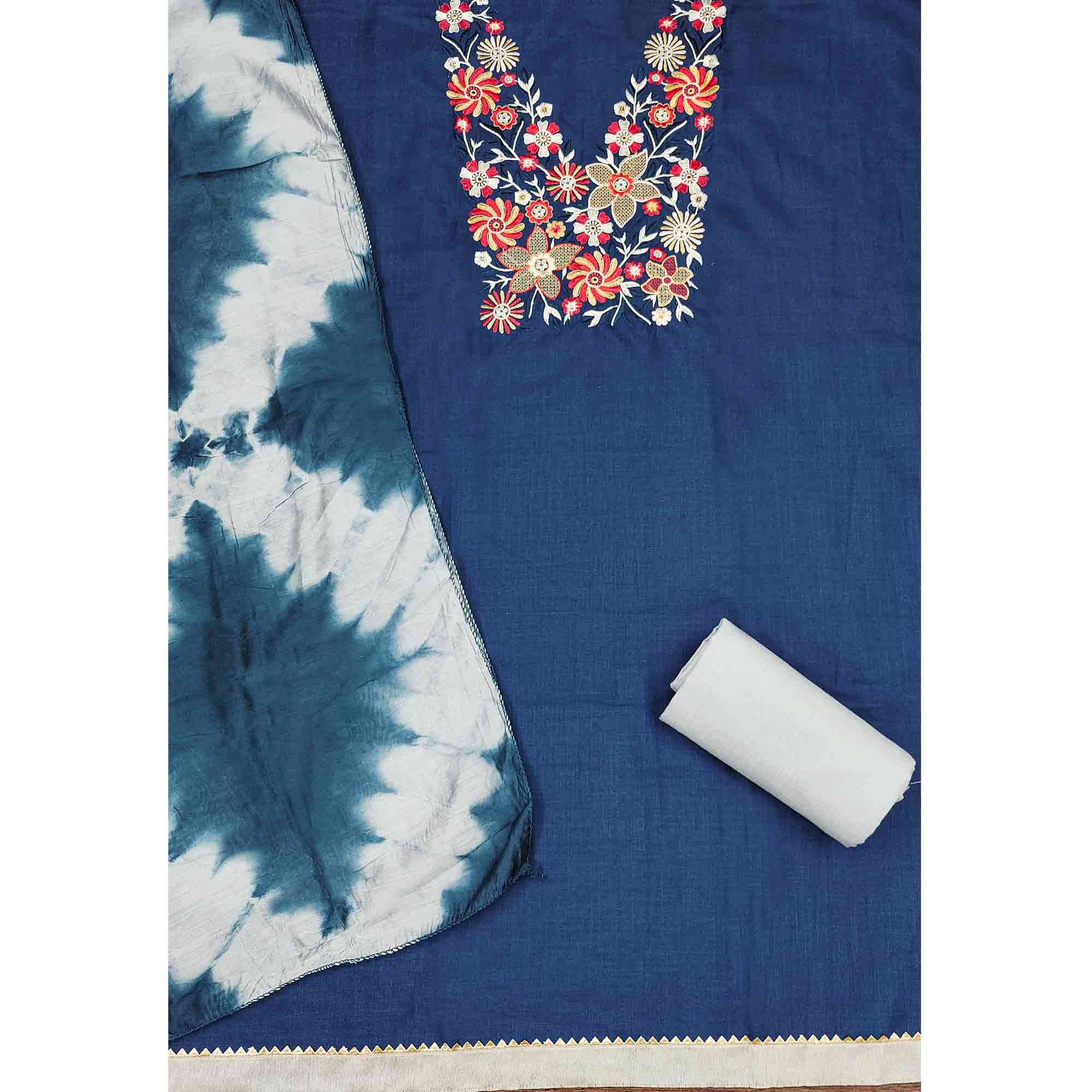 Elegant Blue Floral Thread Embroidered Cotton Blend Dress Material With Gota Patti Work