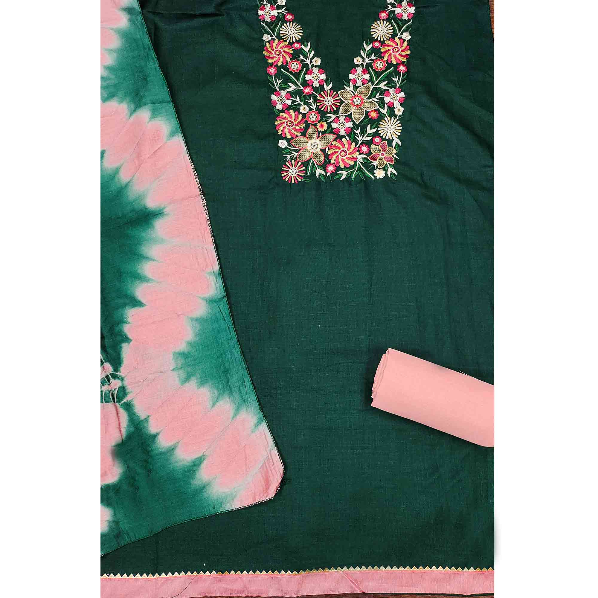 Elegant Green Floral Thread Embroidered Cotton Blend Dress Material With Gota Patti Work