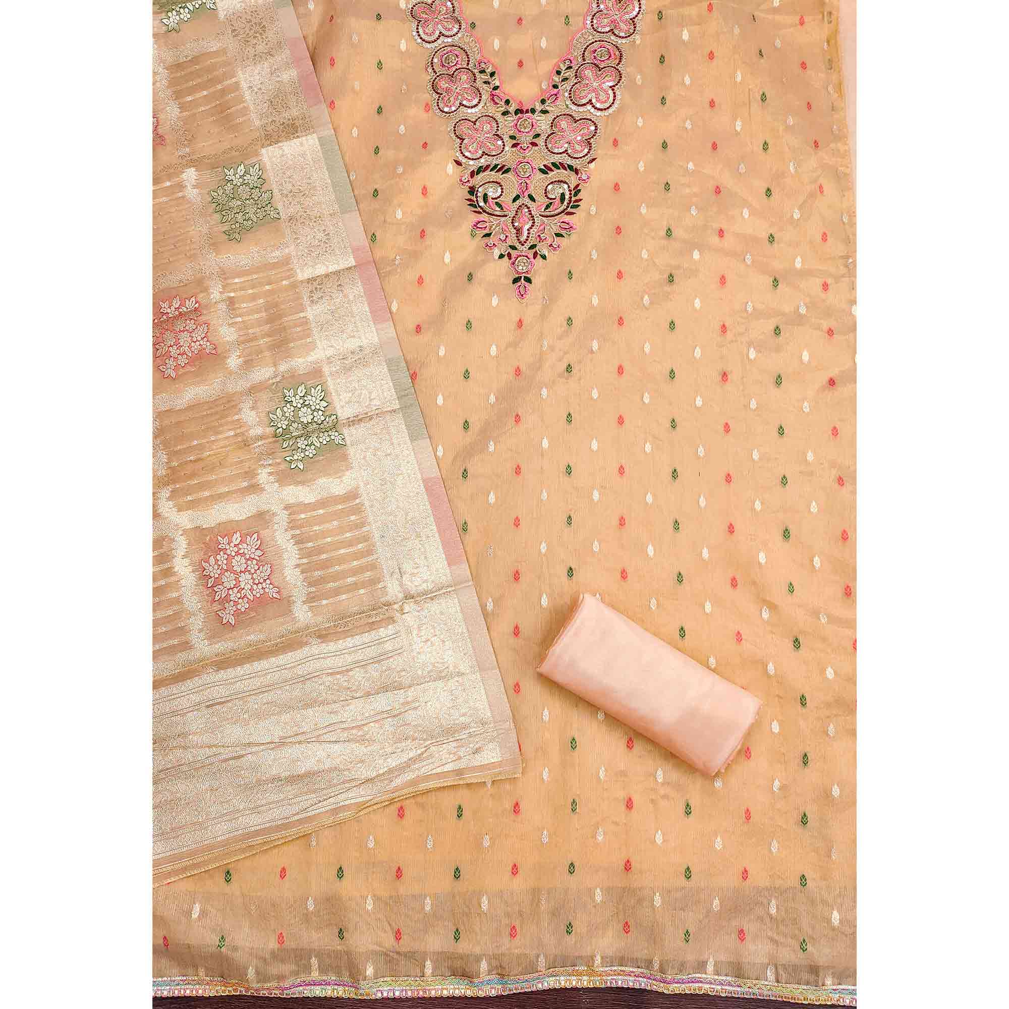 Stylish Peach Floral Cording Embroidered Shimmer Dress Material Enhanced With Butti Weaving Work