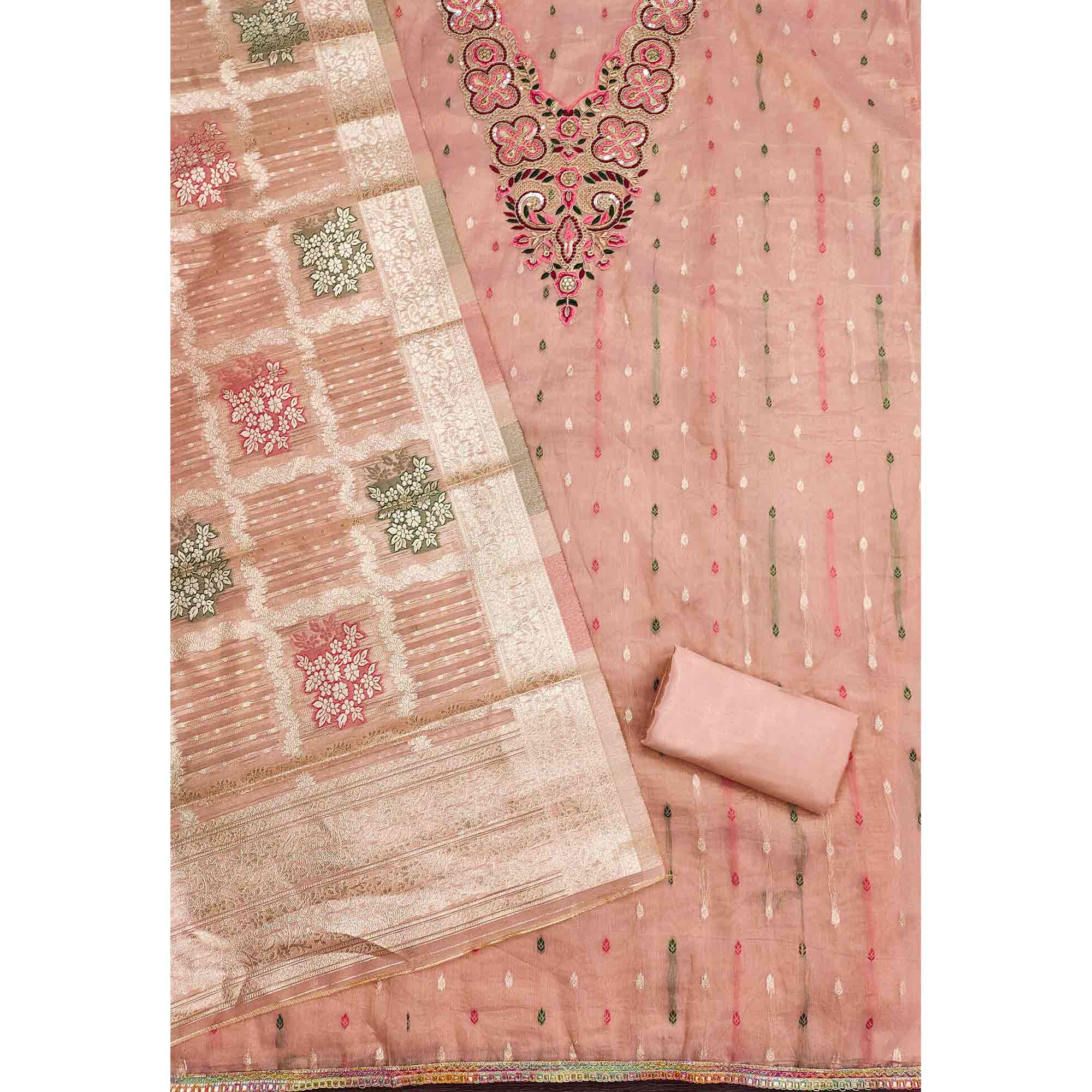Stylish Pink Floral Cording Embroidered Shimmer Dress Material Enhanced With Butti Weaving Work