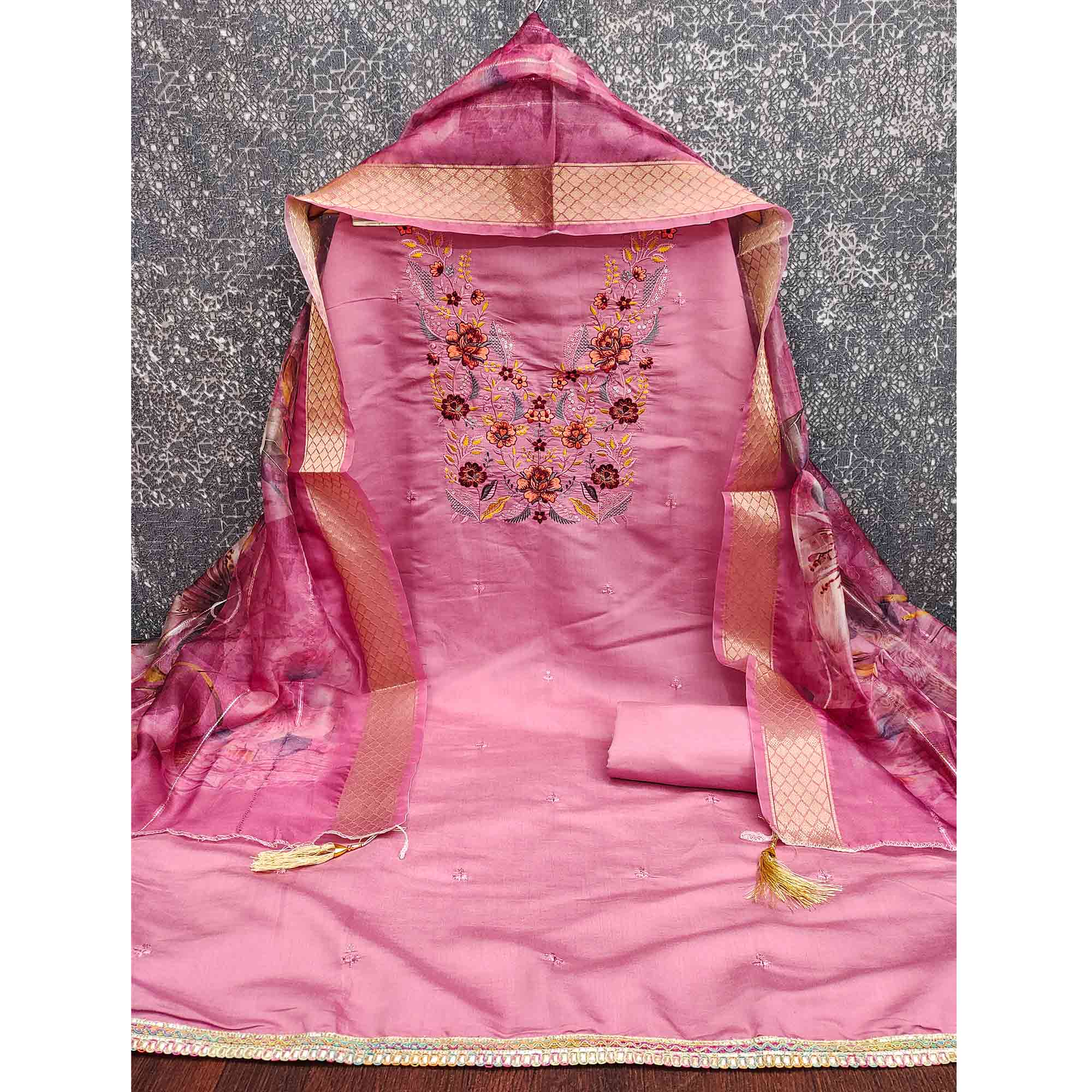 Majestic Pink Bloom Floral Thread & Sequins Embroidered Roman Cotton Silk Dress Material