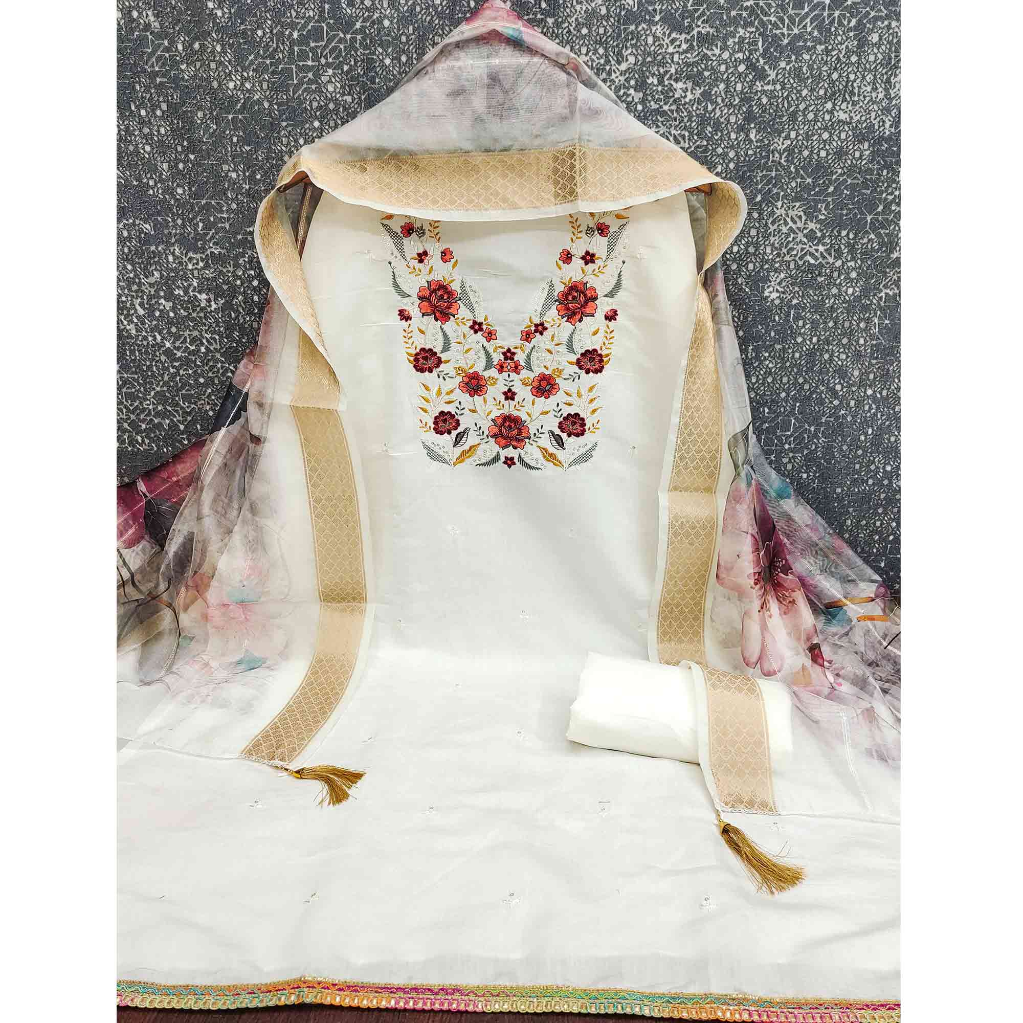 Majestic White Bloom Floral Thread & Sequins Embroidered Roman Cotton Silk Dress Material