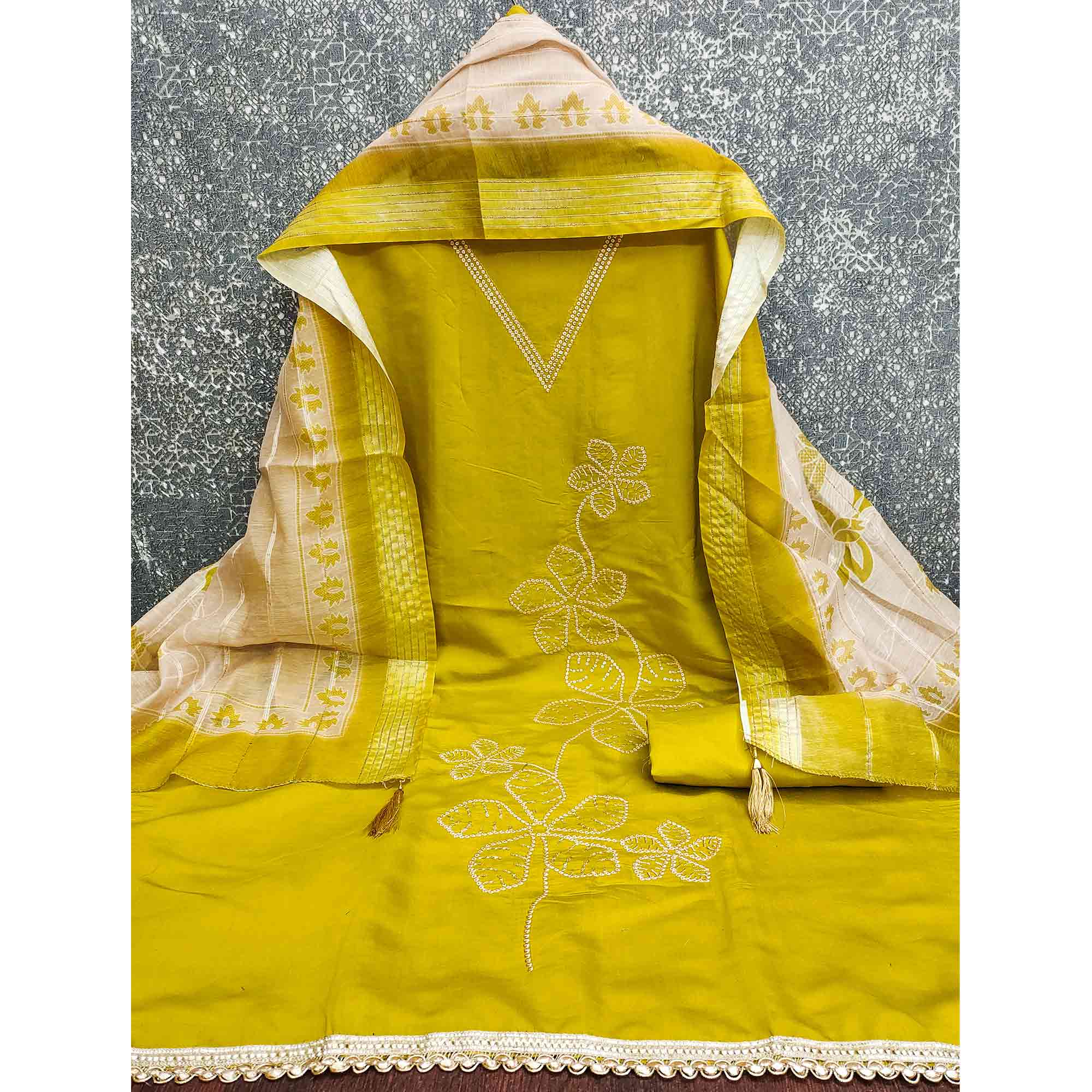 Sophisticated Green Floral Embroidered Roman Cotton Silk Dress Material With Shimmering Sequins