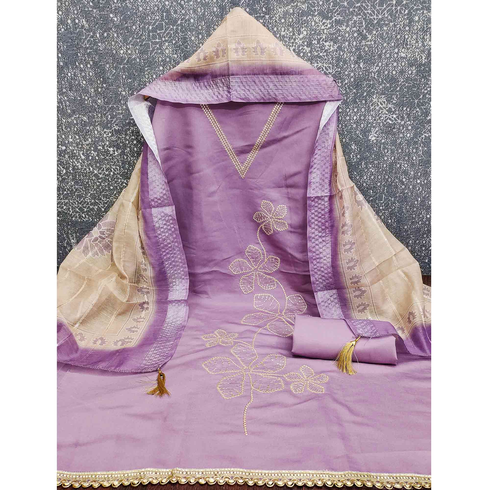 Sophisticated Lavender Floral Embroidered Roman Cotton Silk Dress Material With Shimmering Sequins