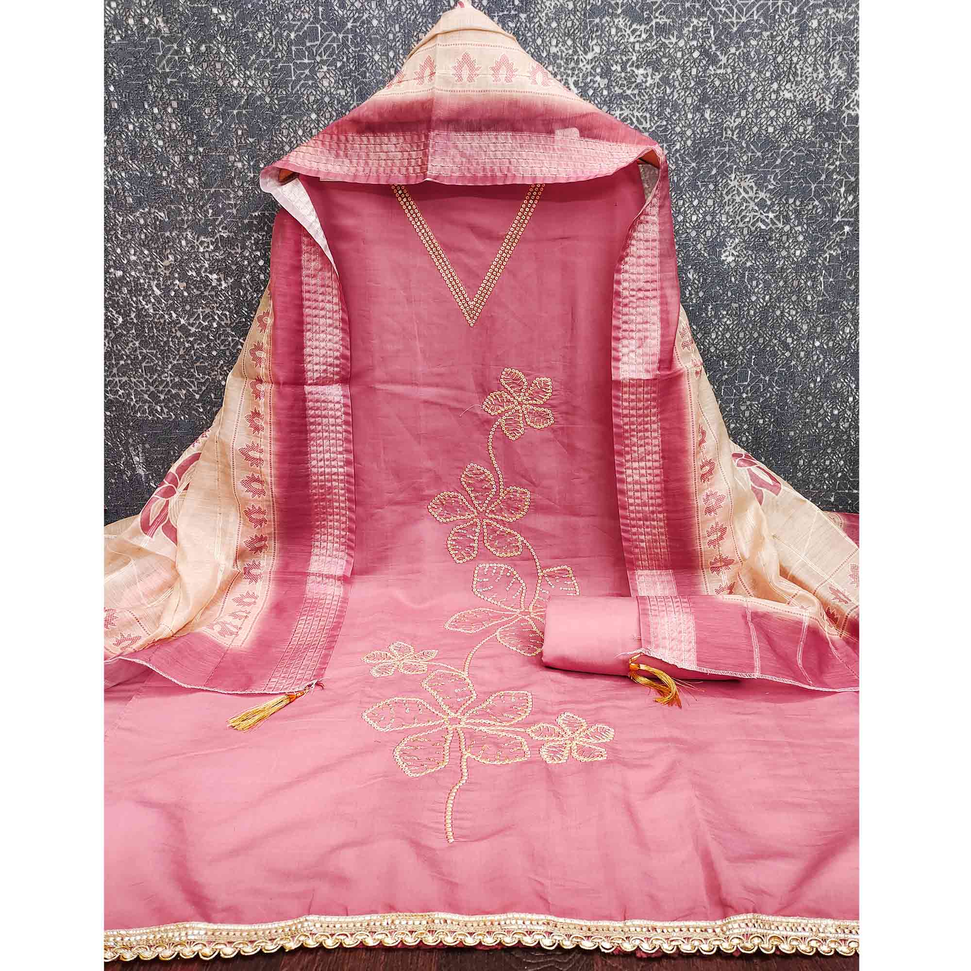 Sophisticated Pink Floral Embroidered Roman Cotton Silk Dress Material With Shimmering Sequins