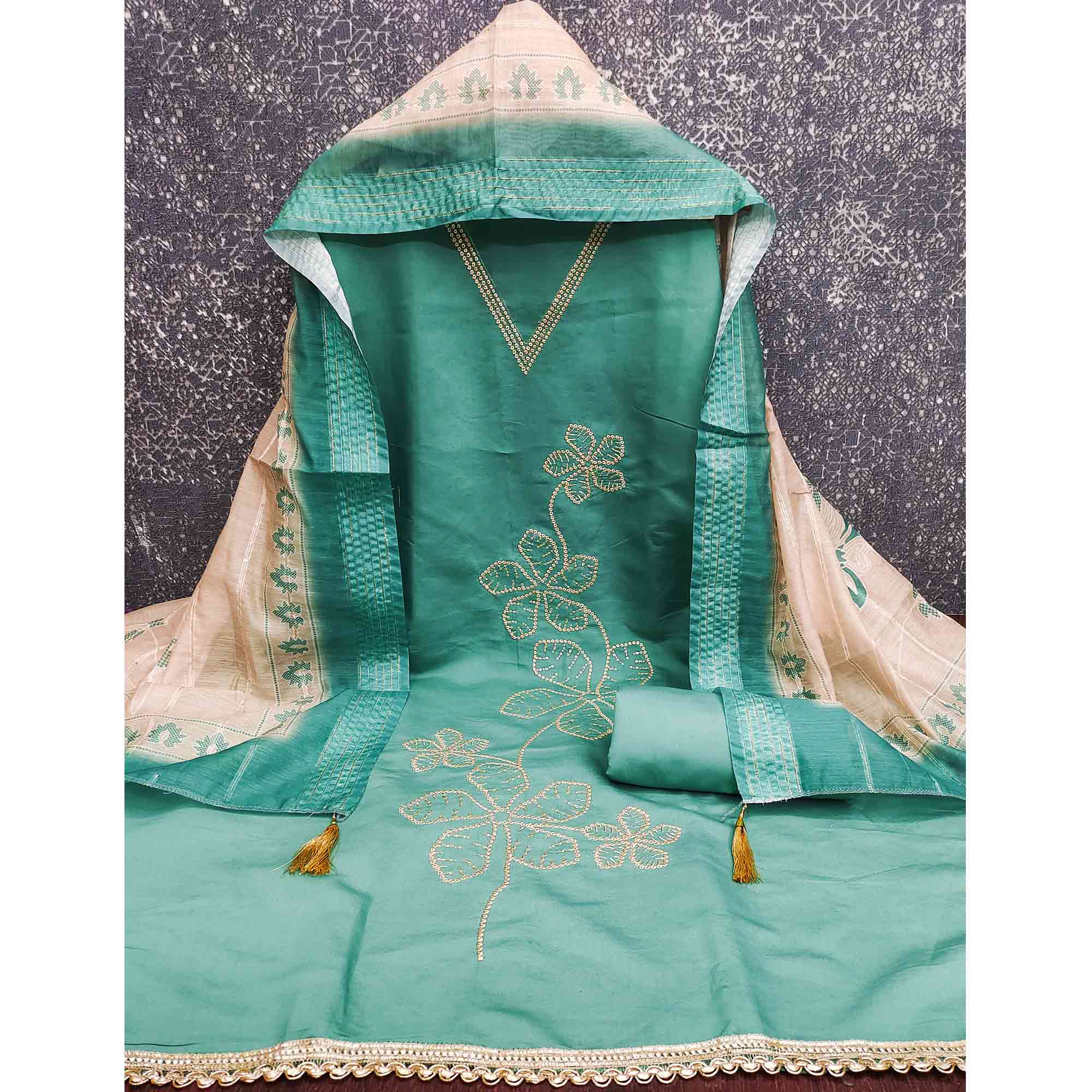 Sophisticated Turquoise Floral Embroidered Roman Cotton Silk Dress Material With Shimmering Sequins