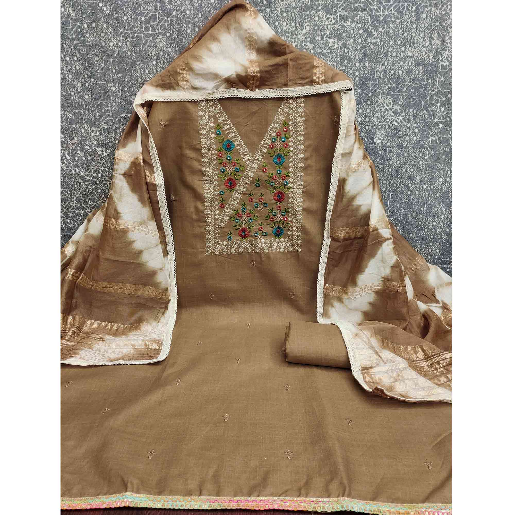 Opulent Grace Brown Cotton Blend Dress Material Adorned With Floral Thread & Sequins Work