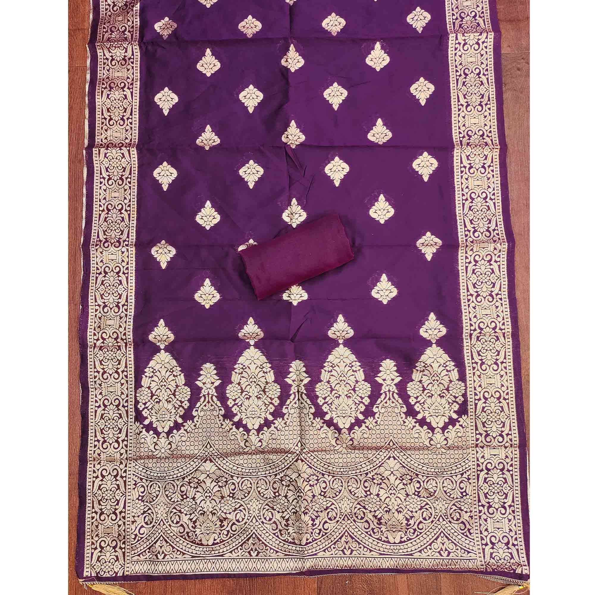 Cream & Purple Shimmer Dress Material Featuring Intricate Zari Weaving With Cording Embroidery