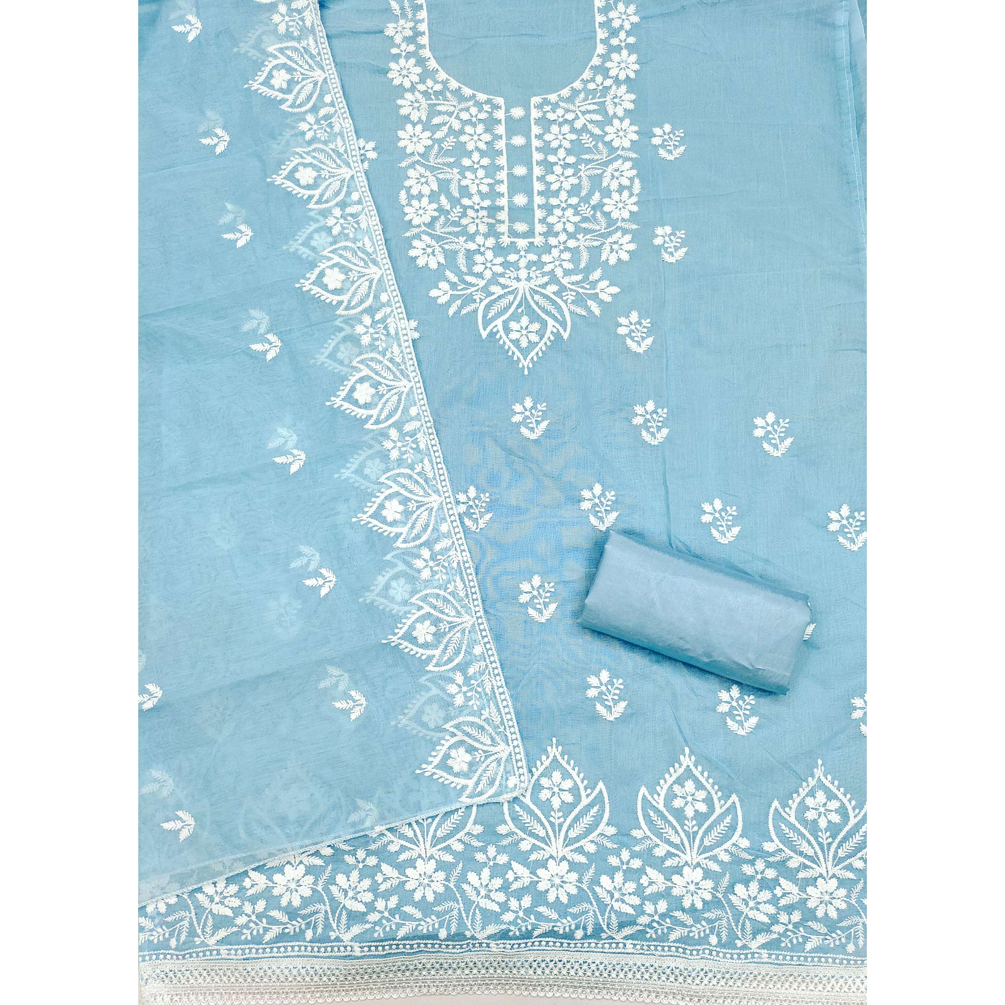 Designer Blue Floral Thread Embroidered Chanderi Cotton Dress Material