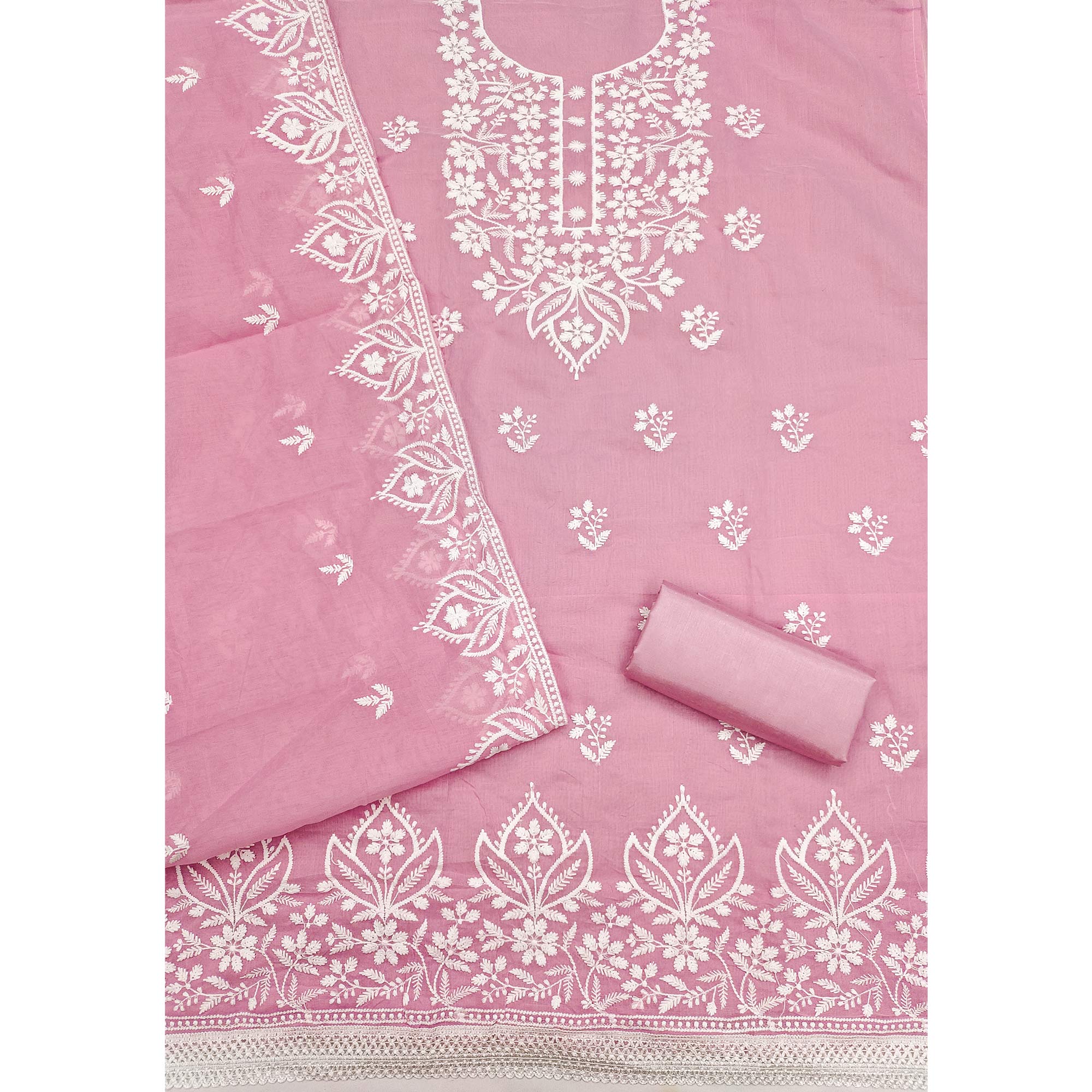 Designer Pink Floral Thread Embroidered Chanderi Cotton Dress Material