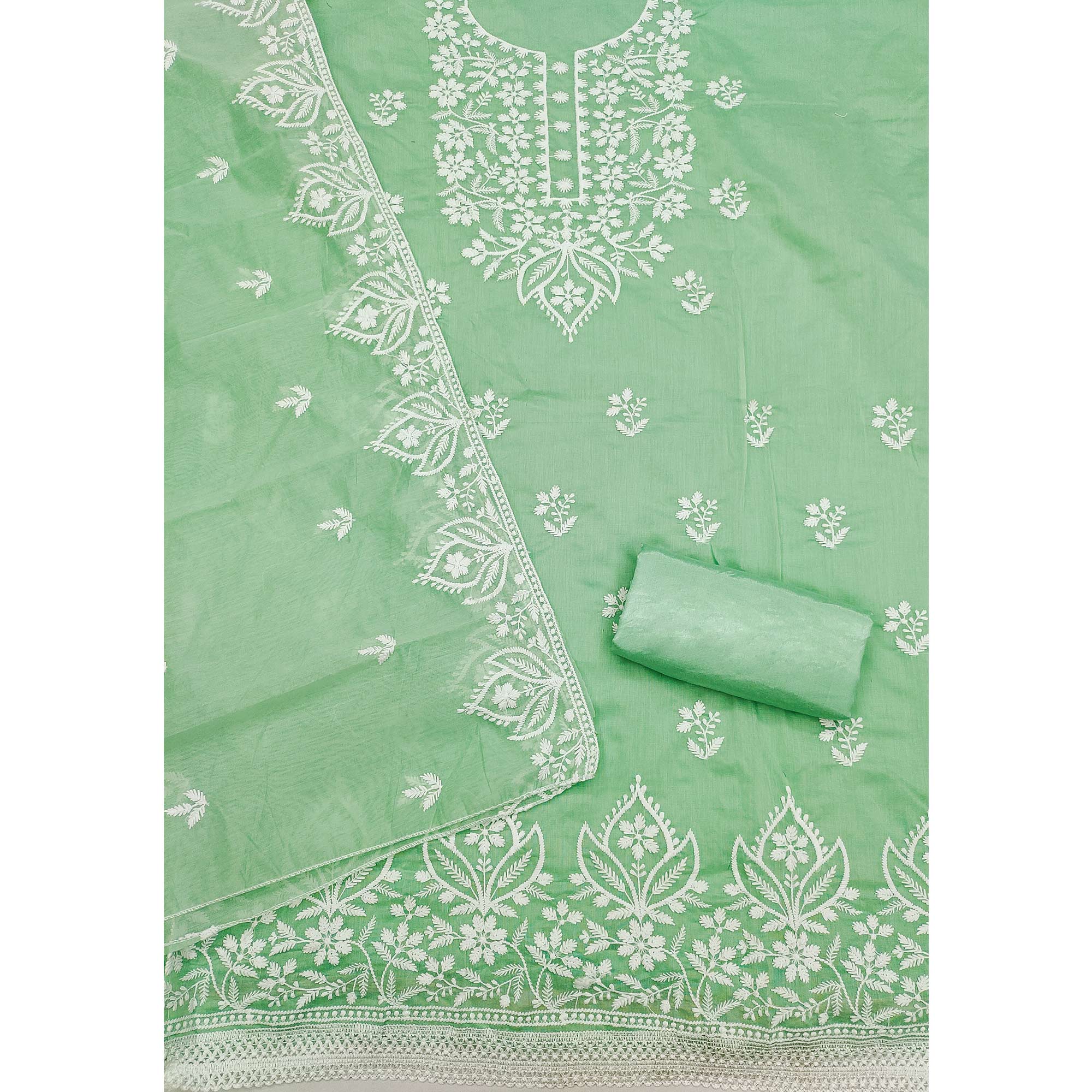 Designer Sea Green Floral Thread Embroidered Chanderi Cotton Dress Material