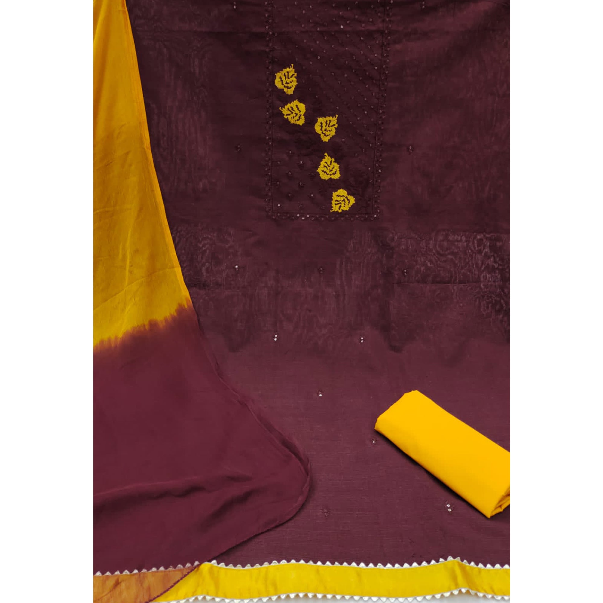 Wine Cotton Blend Dress Material Featuring Thread Embroidery & Sequins Embellishment