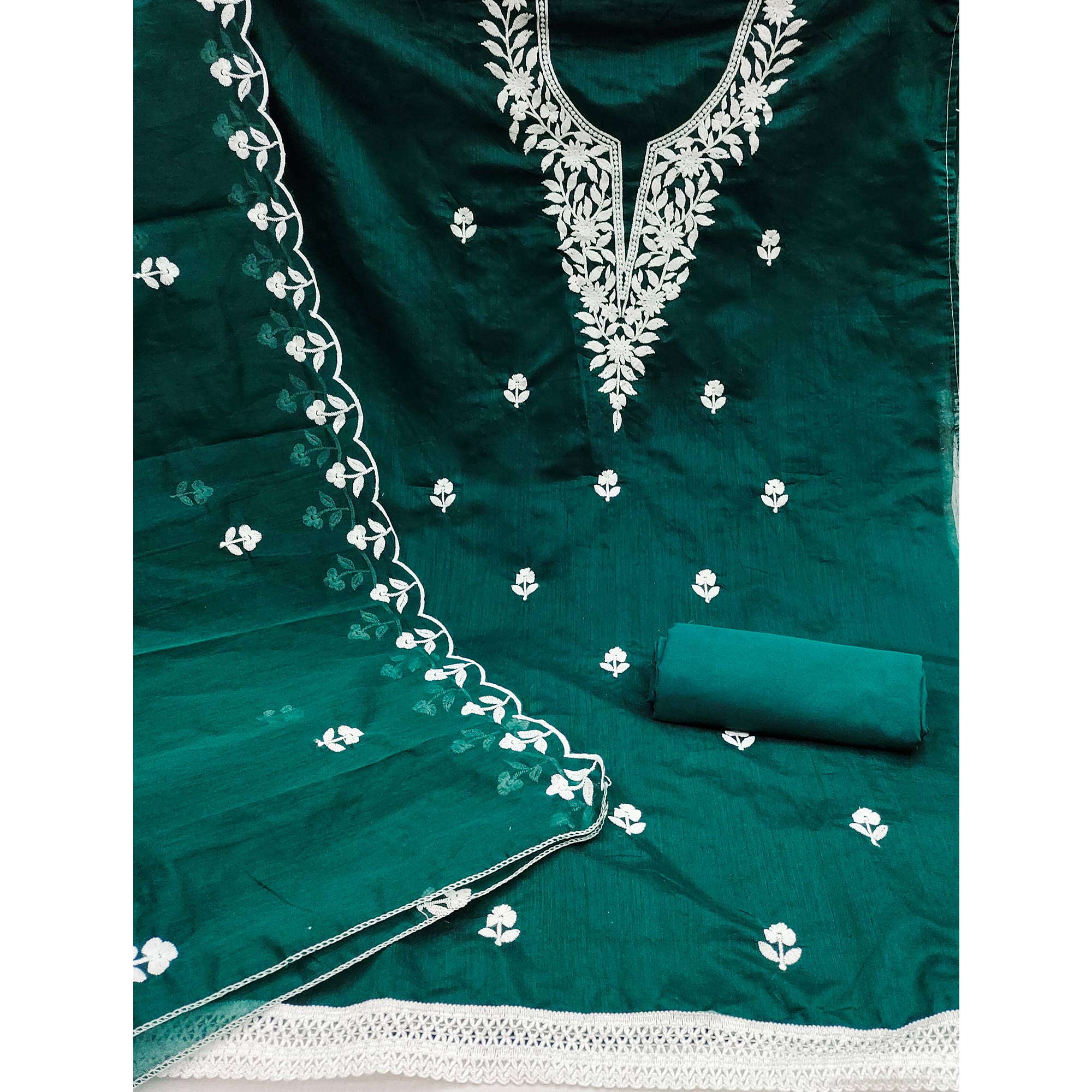 Green Chanderi Cotton Dress Material With Delicate Floral Thread Embroidery