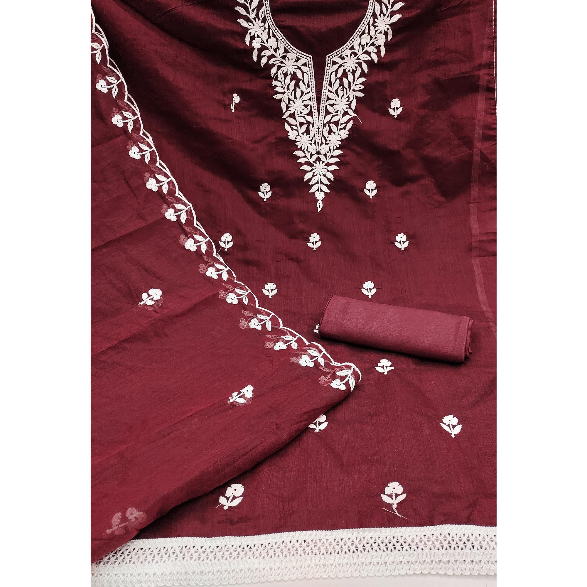 Maroon Chanderi Cotton Dress Material With Delicate Floral Thread Embroidery