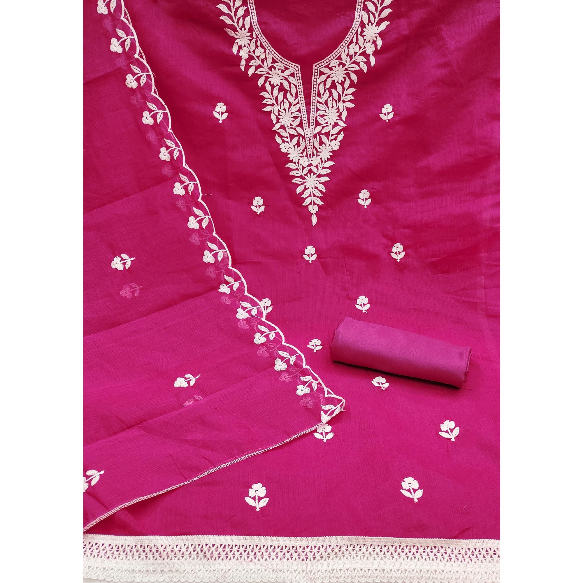 Rani Pink Chanderi Cotton Dress Material With Delicate Floral Thread Embroidery