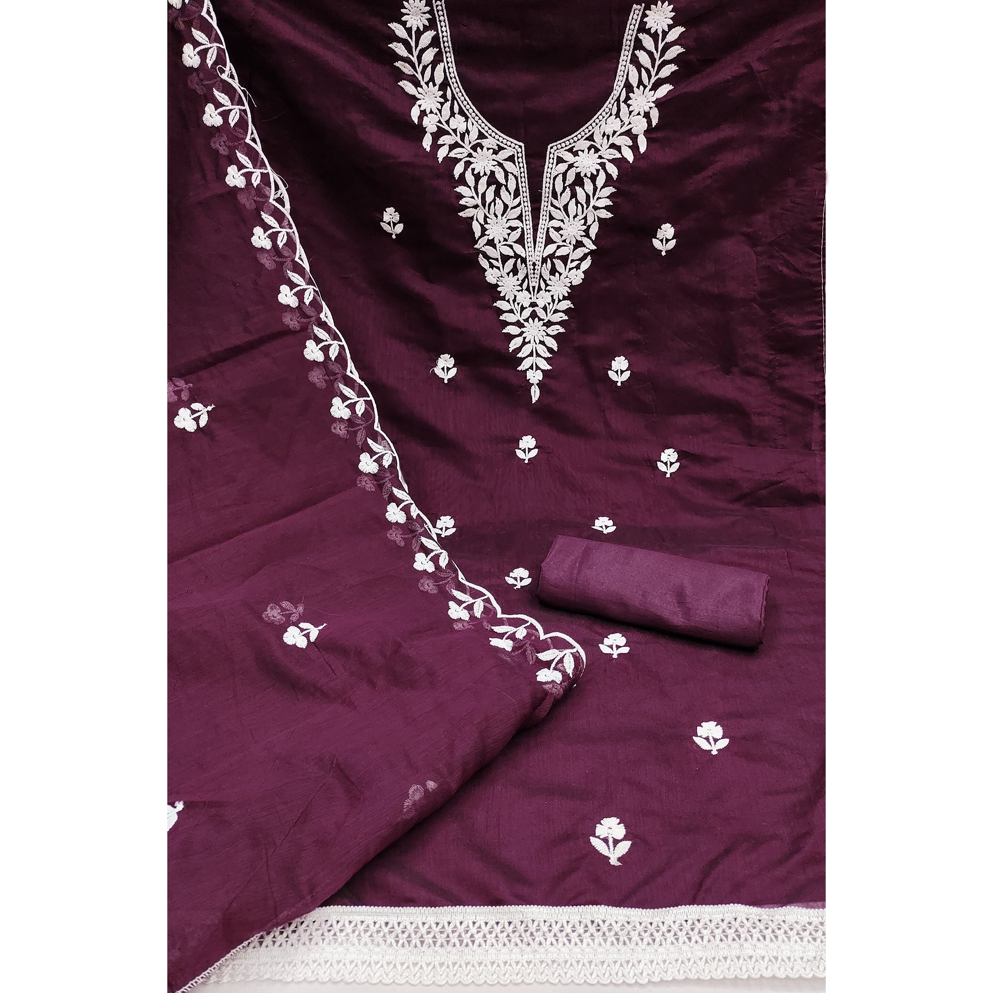 Wine Chanderi Cotton Dress Material With Delicate Floral Thread Embroidery