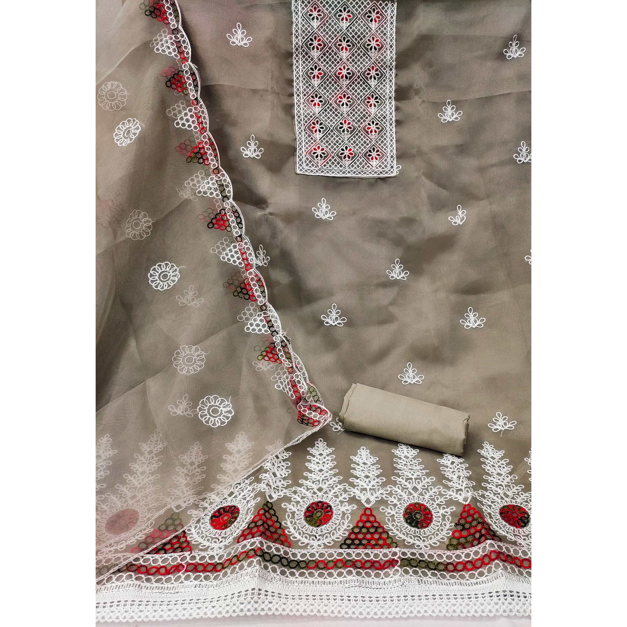 Grey Floral Embroidered Organza Dress Material