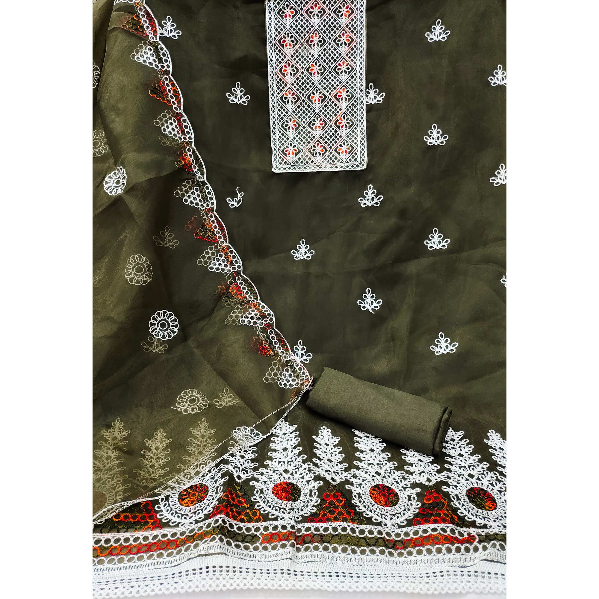 Mehendi Green Floral Embroidered Organza Dress Material