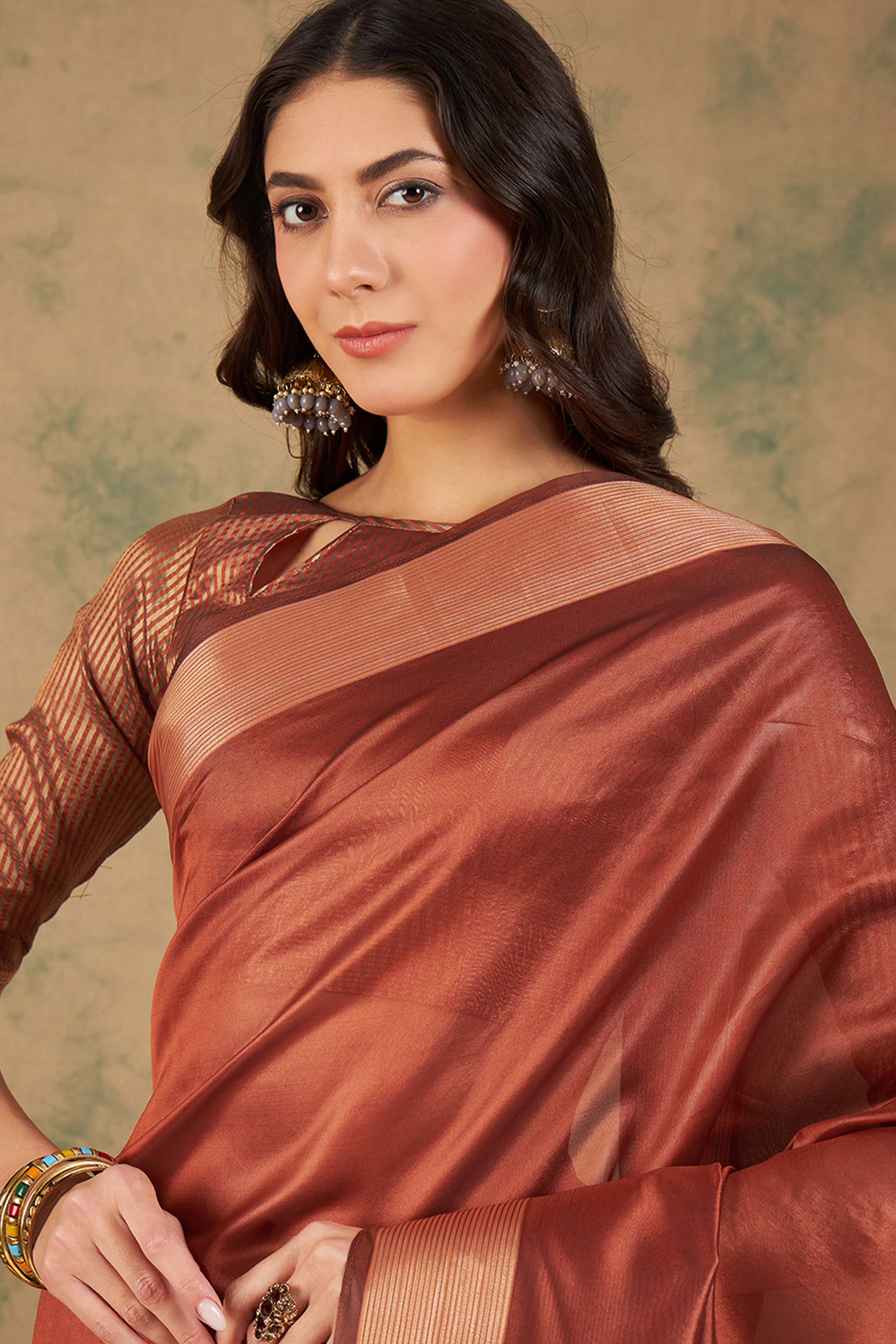 Rust Organza Saree In Organza With Delicate Weaving Border And Tassel Details