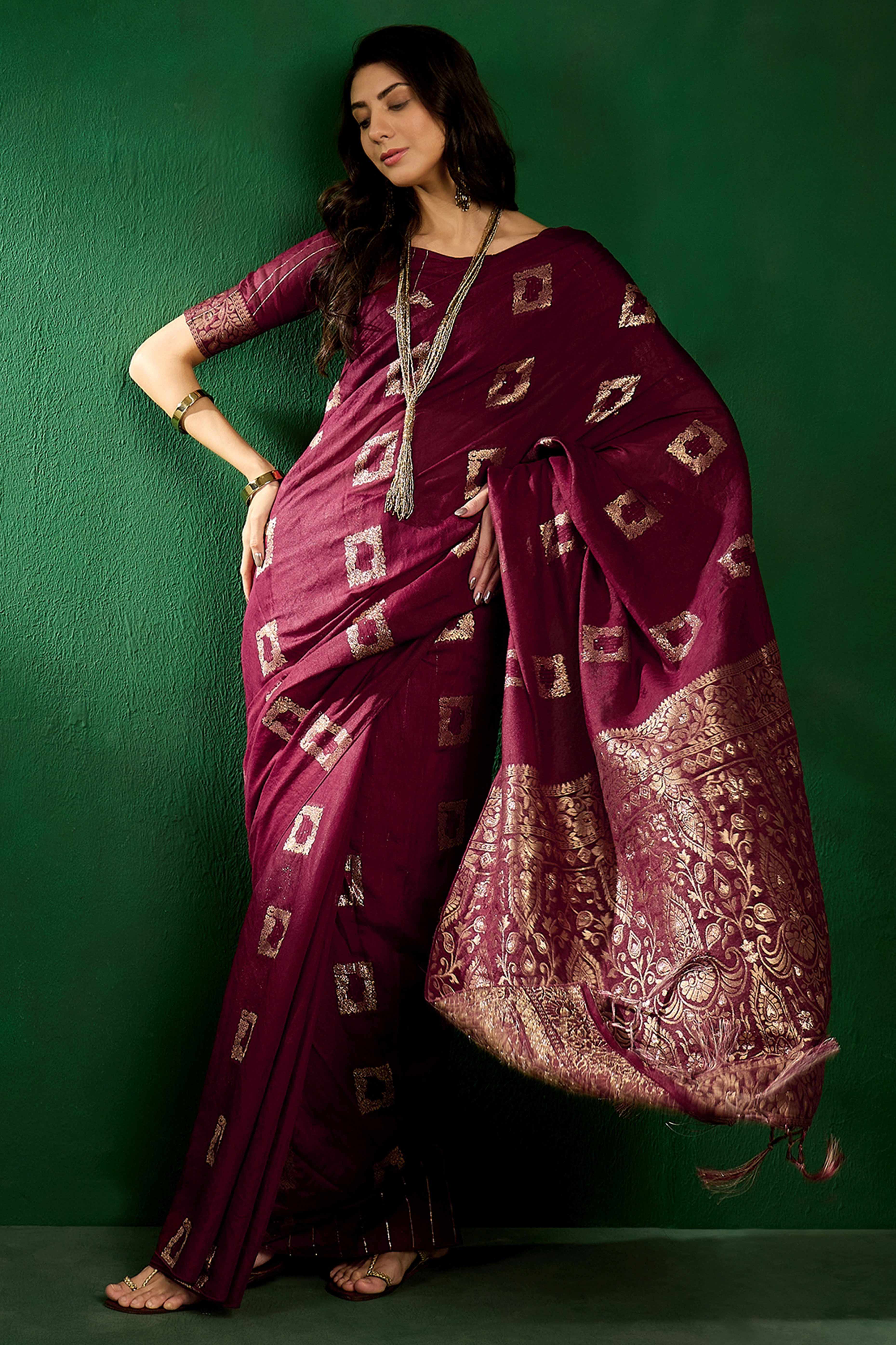 Dark Wine Woven Staple Cotton Blend Saree With Intricate Floral Motifs & Tassel-Embellished Pallu