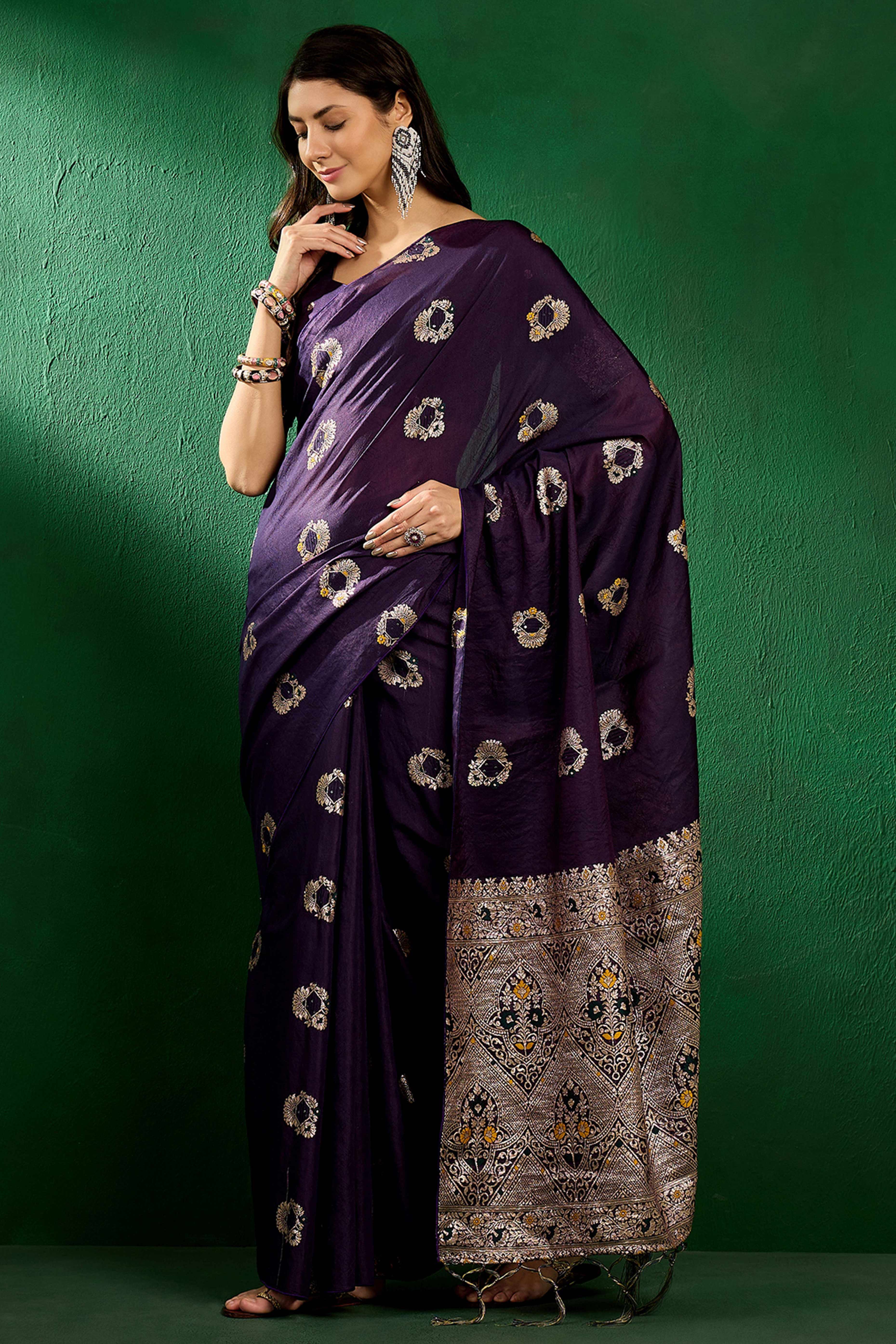Dark Purple Cotton Blend Meena Jacquard Saree Enhanced With Floral Weaving & Tassel Pallu