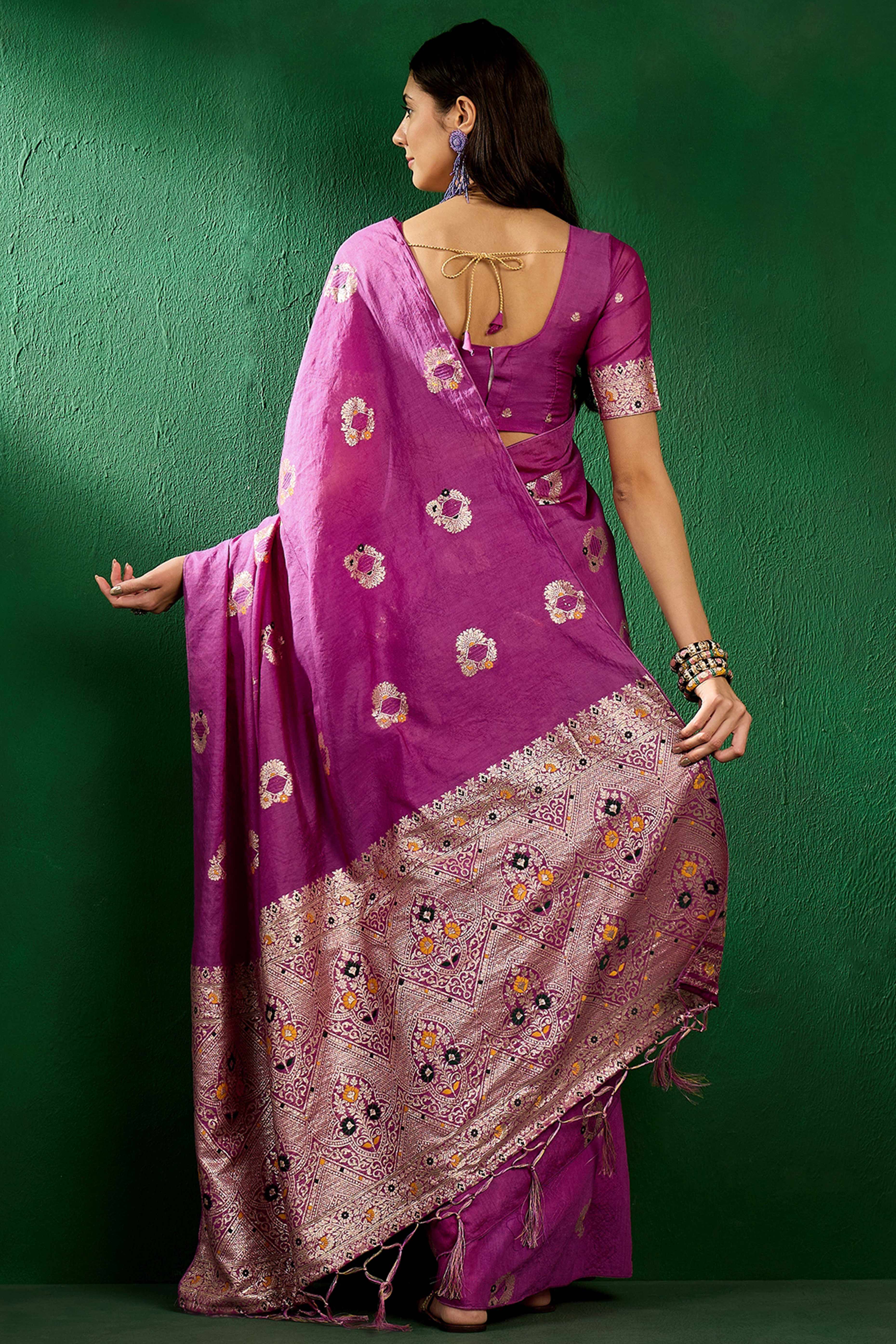 Magenta Cotton Blend Meena Jacquard Saree Enhanced With Floral Weaving & Graceful Tassel Pallu