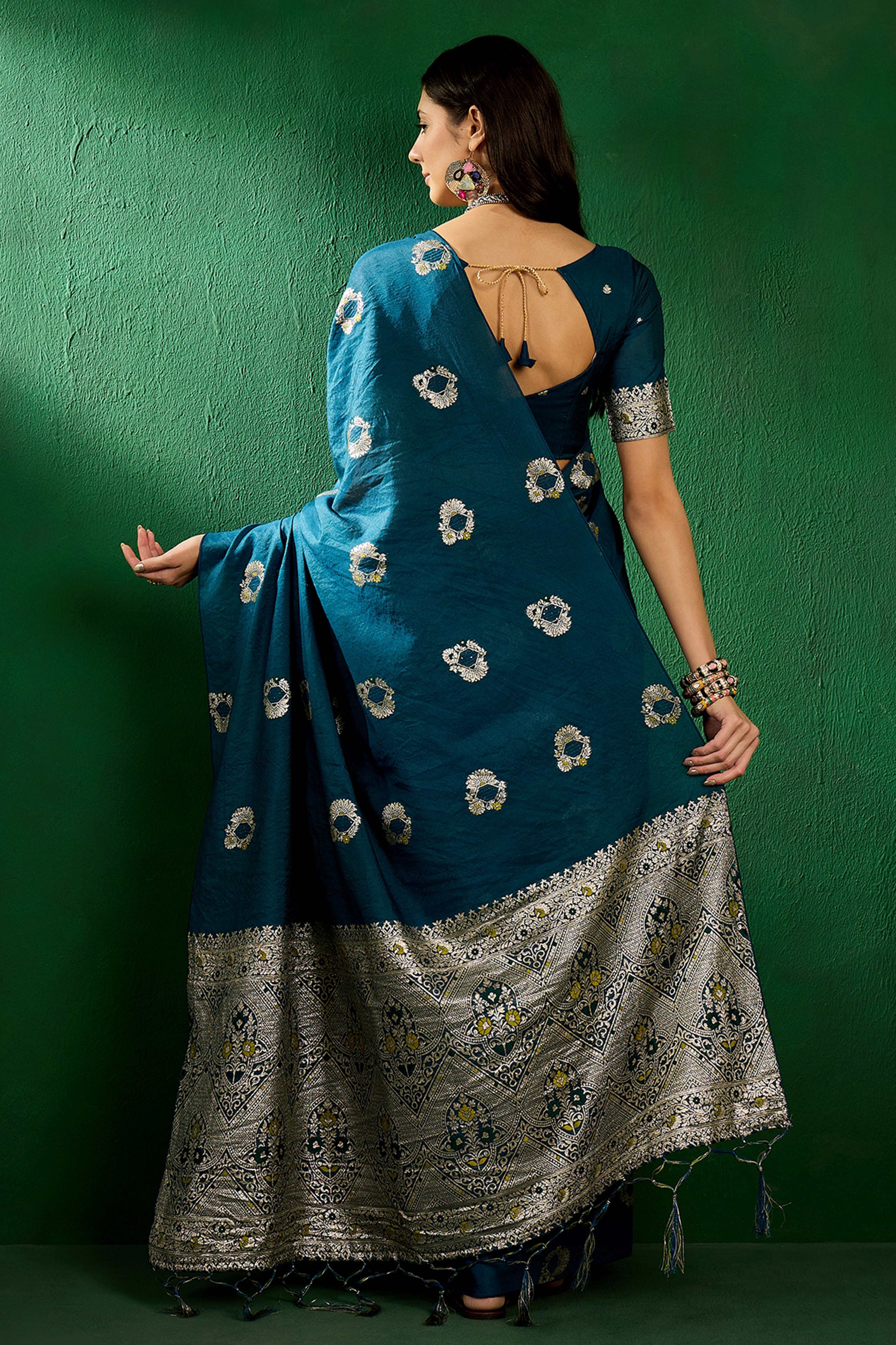 Morpich Blue Cotton Blend Meena Jacquard Saree Enhanced With Floral Weaving & Tassel Pallu