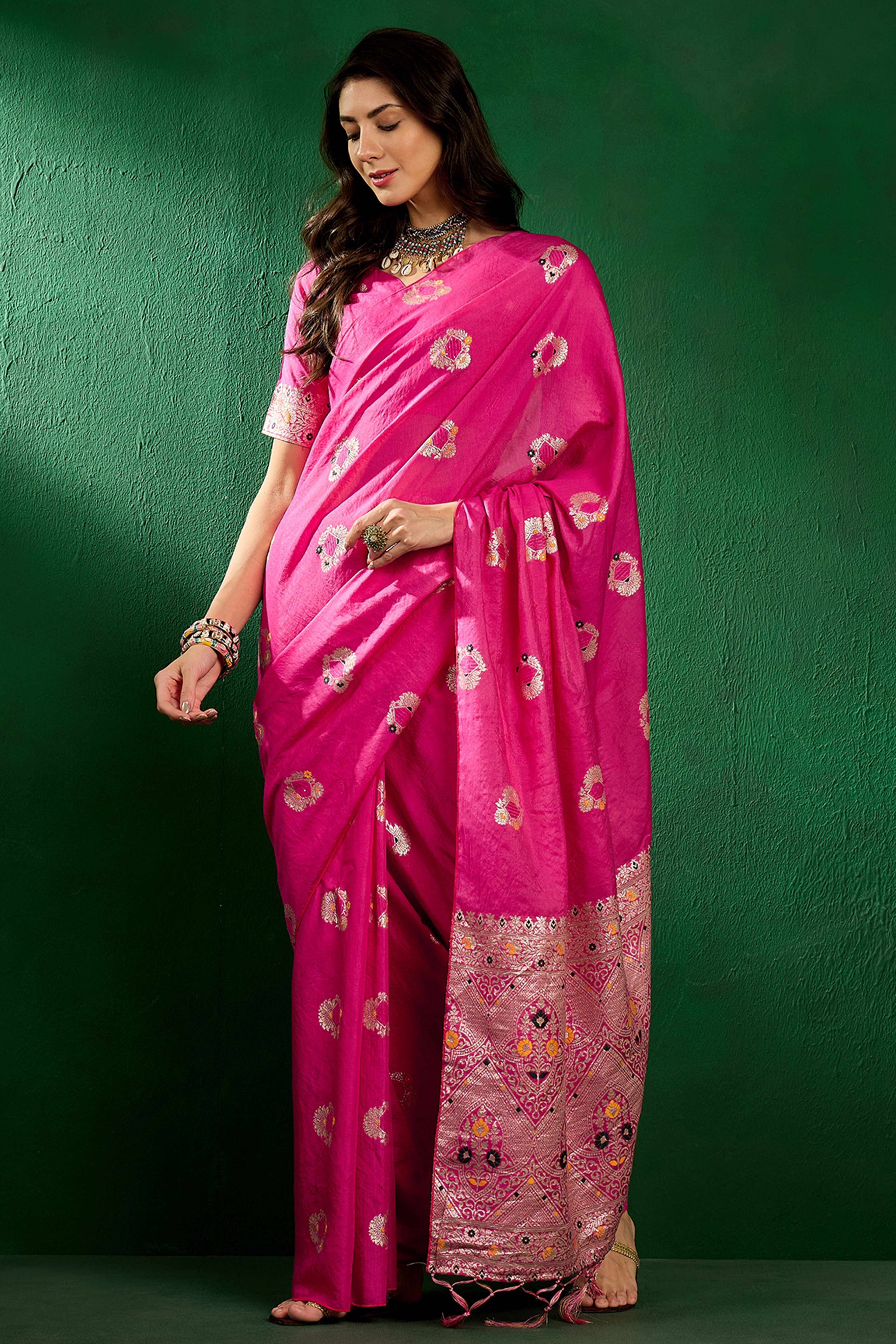 Pink Cotton Blend Meena Jacquard Saree Enhanced With Floral Weaving & Graceful Tassel Pallu