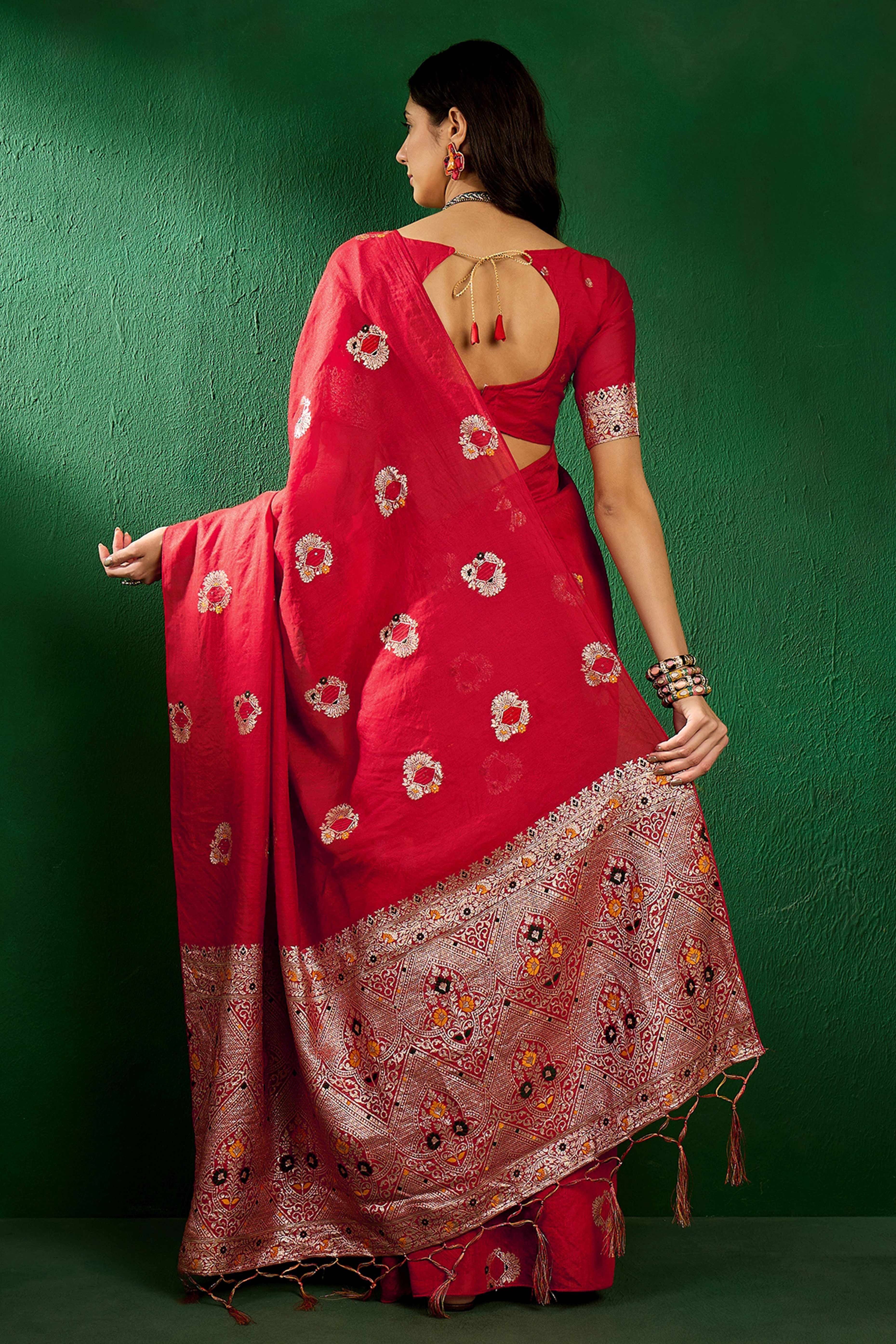 Red Cotton Blend Meena Jacquard Saree Enhanced With Floral Weaving & Graceful Tassel Pallu