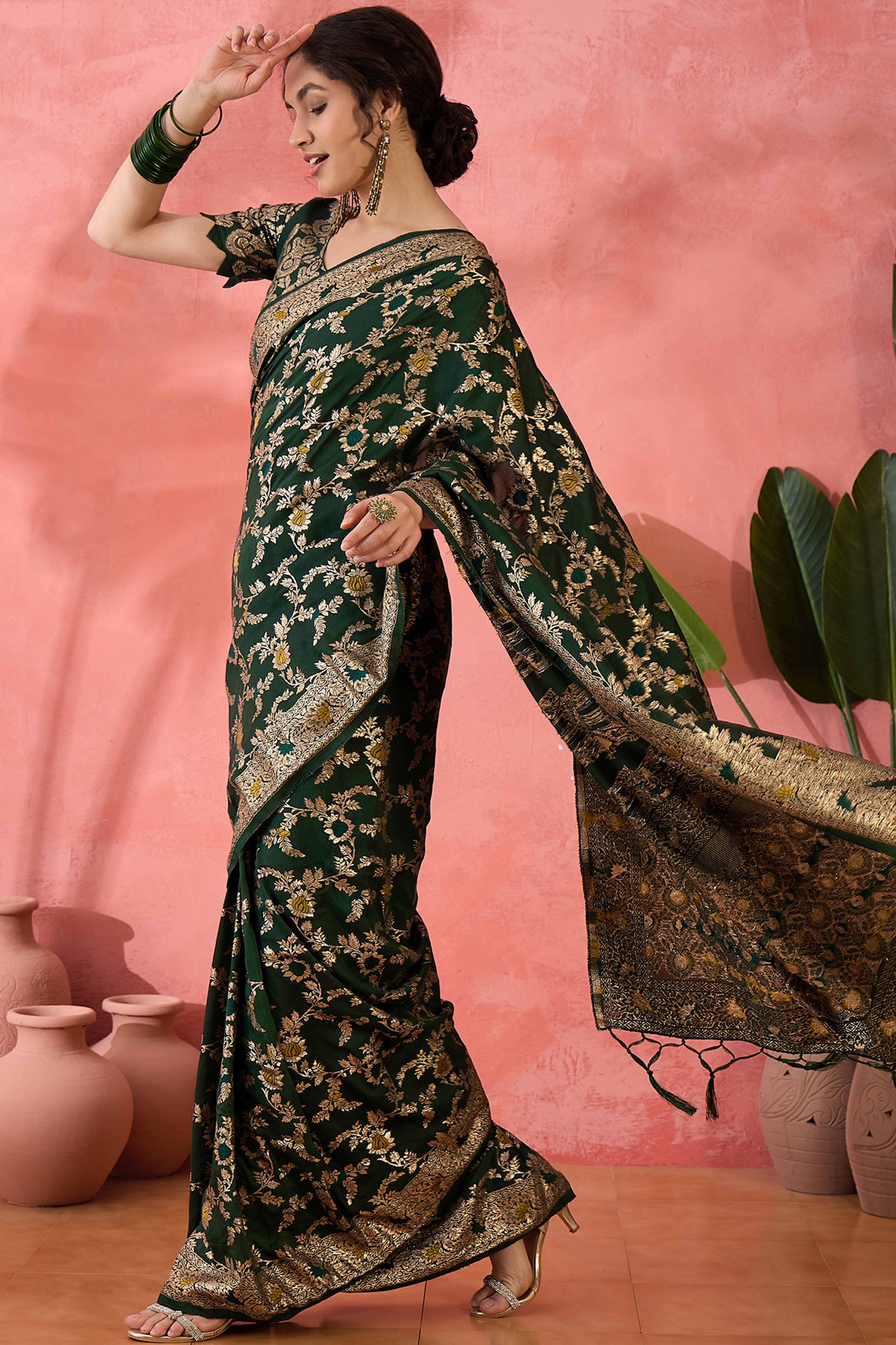 Green Cotton Meena Jacquard Saree Featuring Intricate Floral Weaving & Tassels On The Pallu