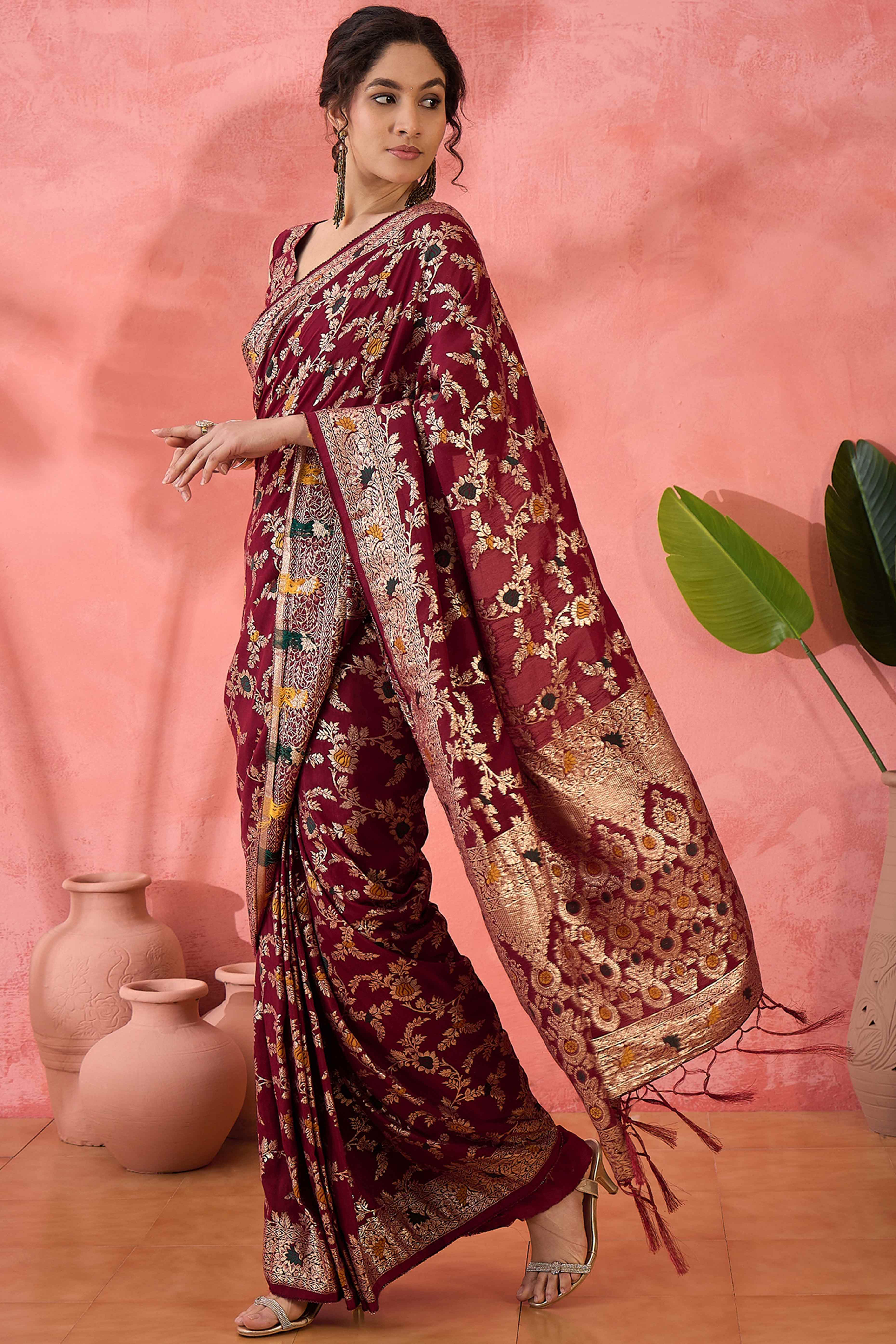 Maroon Cotton Meena jacquard Saree Featuring Intricate Floral Weaving & Tassels On The Pallu