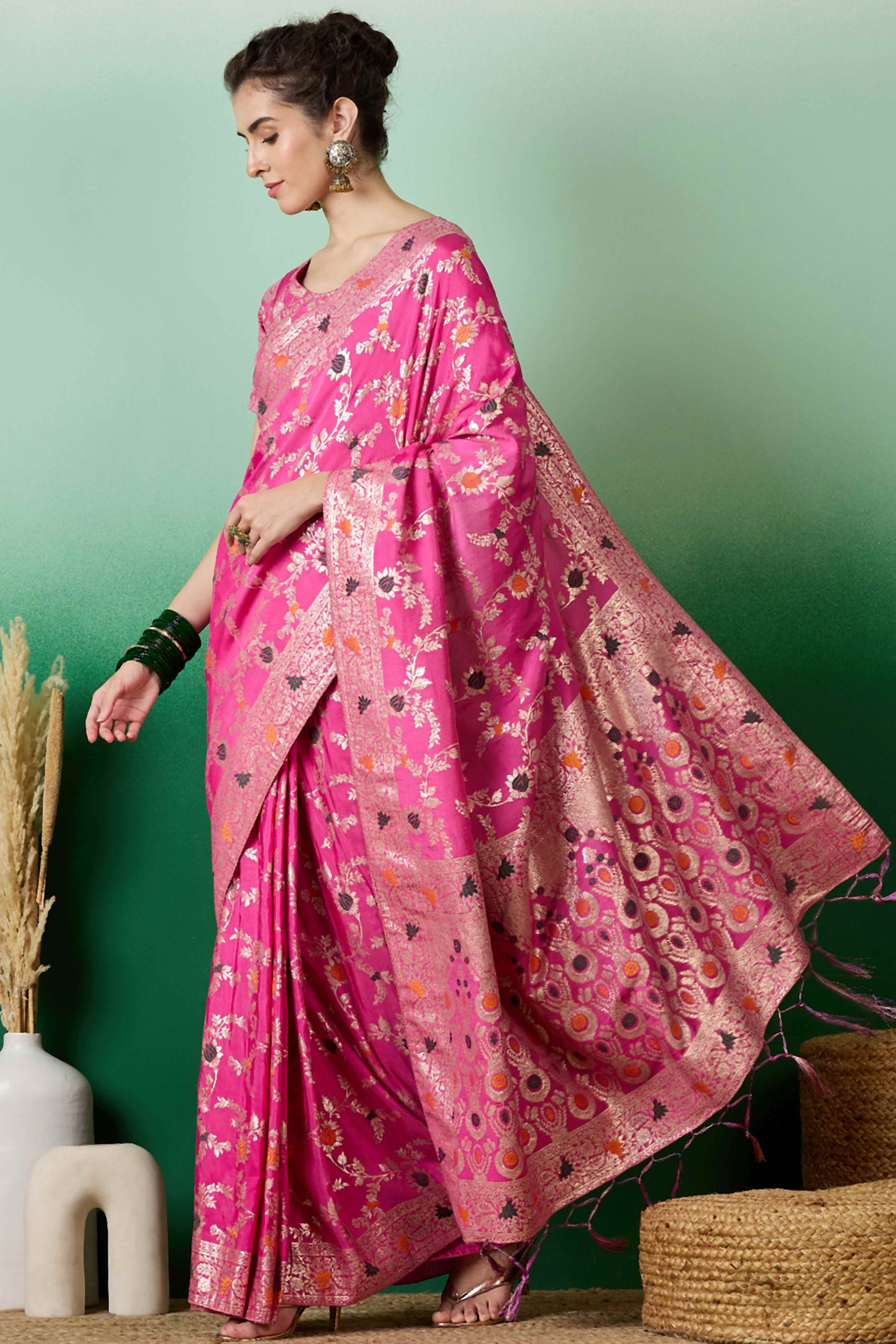 Pink Cotton Meena Jacquard Saree Featuring Intricate Floral Weaving & Tassels On The Pallu