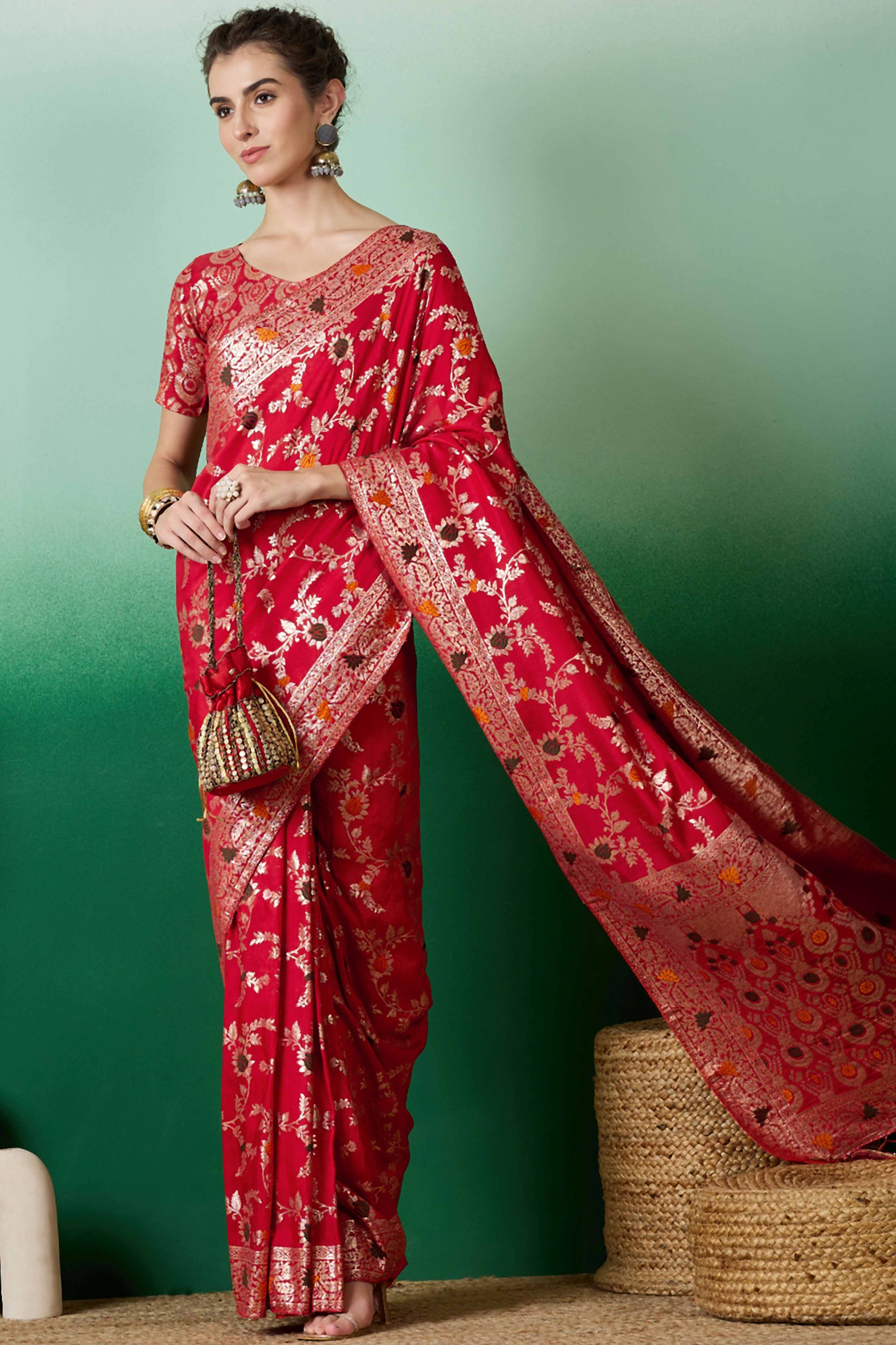 Red Cotton Meena jacquard Saree Featuring Intricate Floral Weaving & Playful Tassels On The Pallu