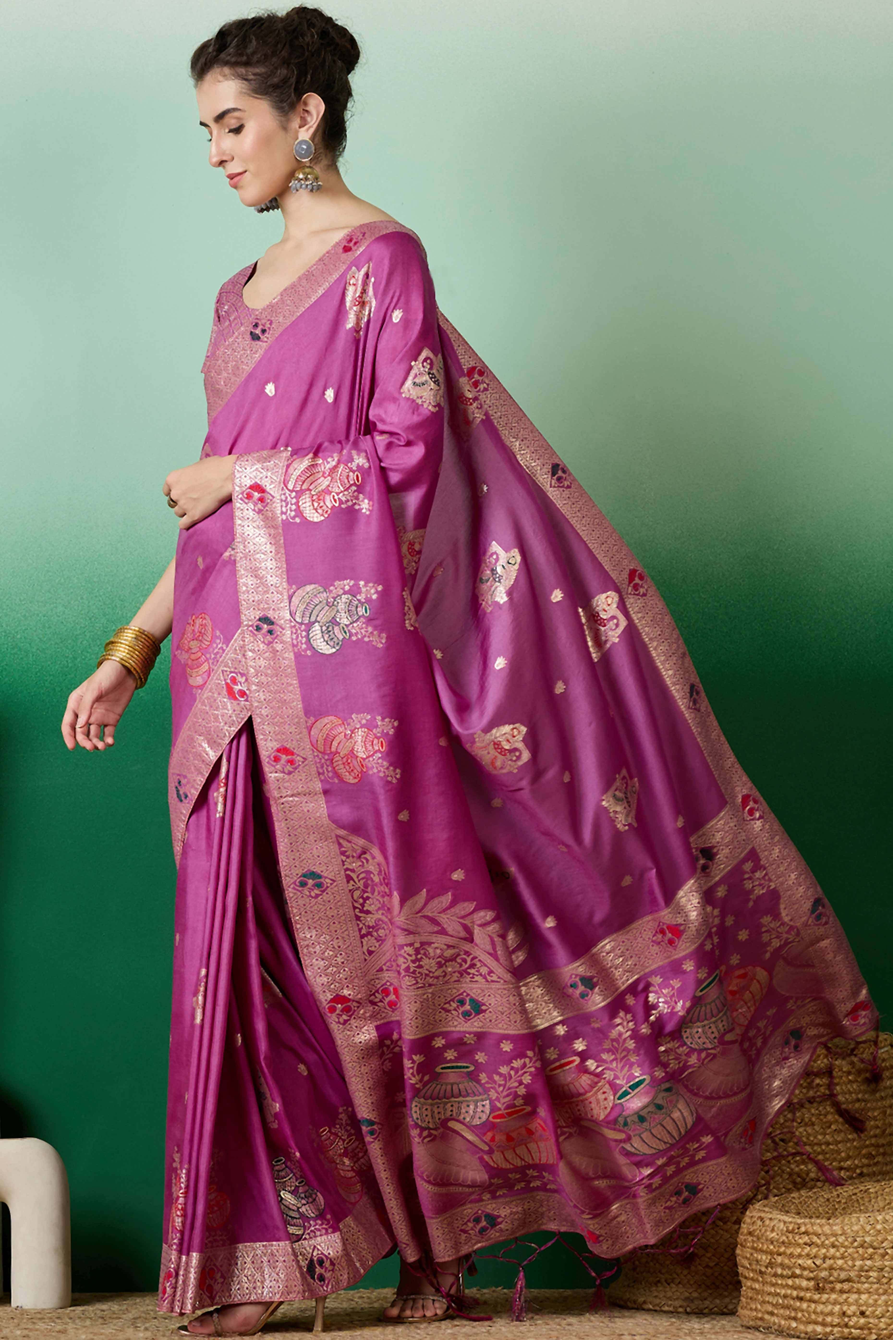Magenta Cotton Blend Saree Adorned With Floral Zari Weaving & Soft Tassel Accents