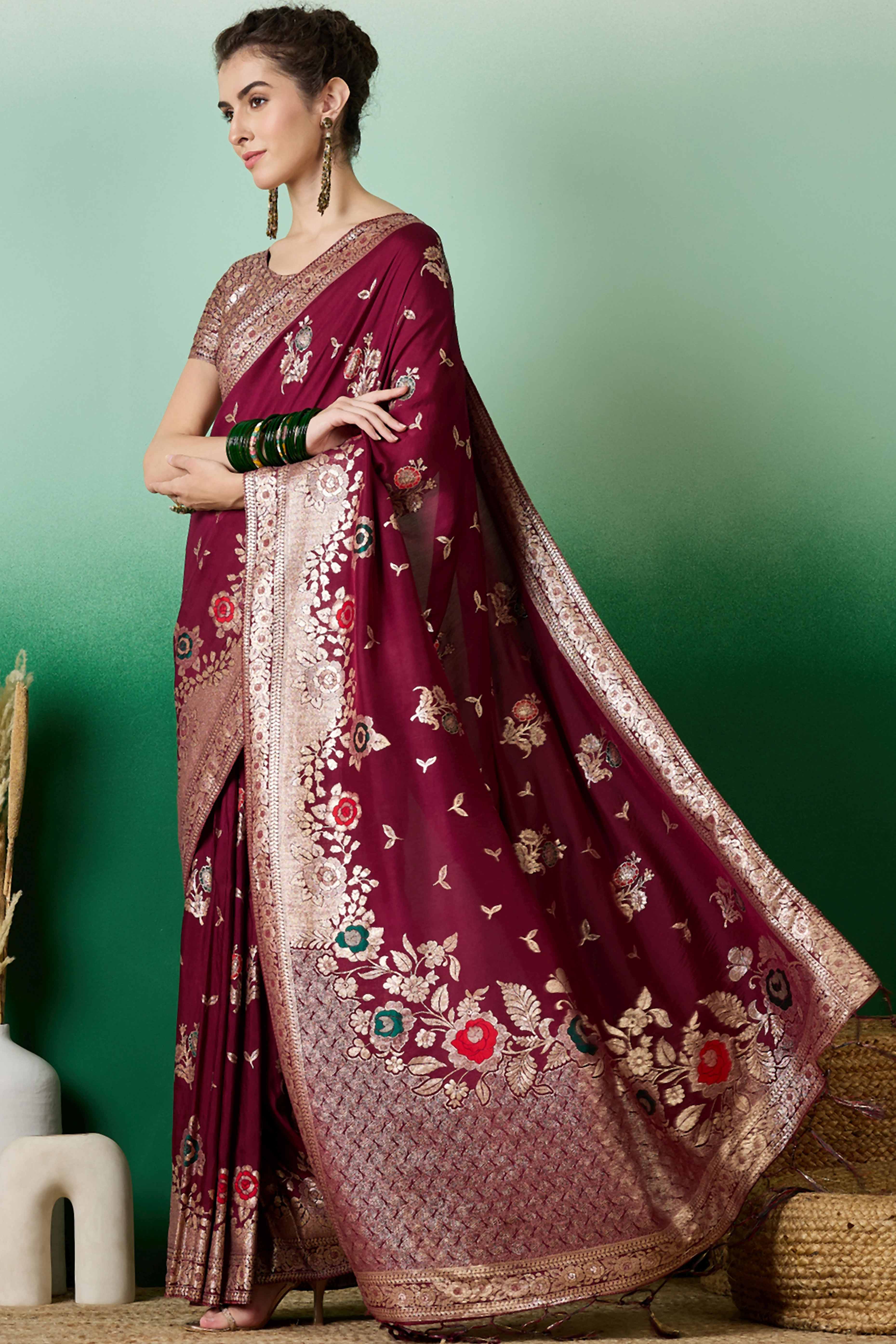 Burgundy Cotton Blend Saree Embellished With Floral Zari Weaving & Tasselled Pallu