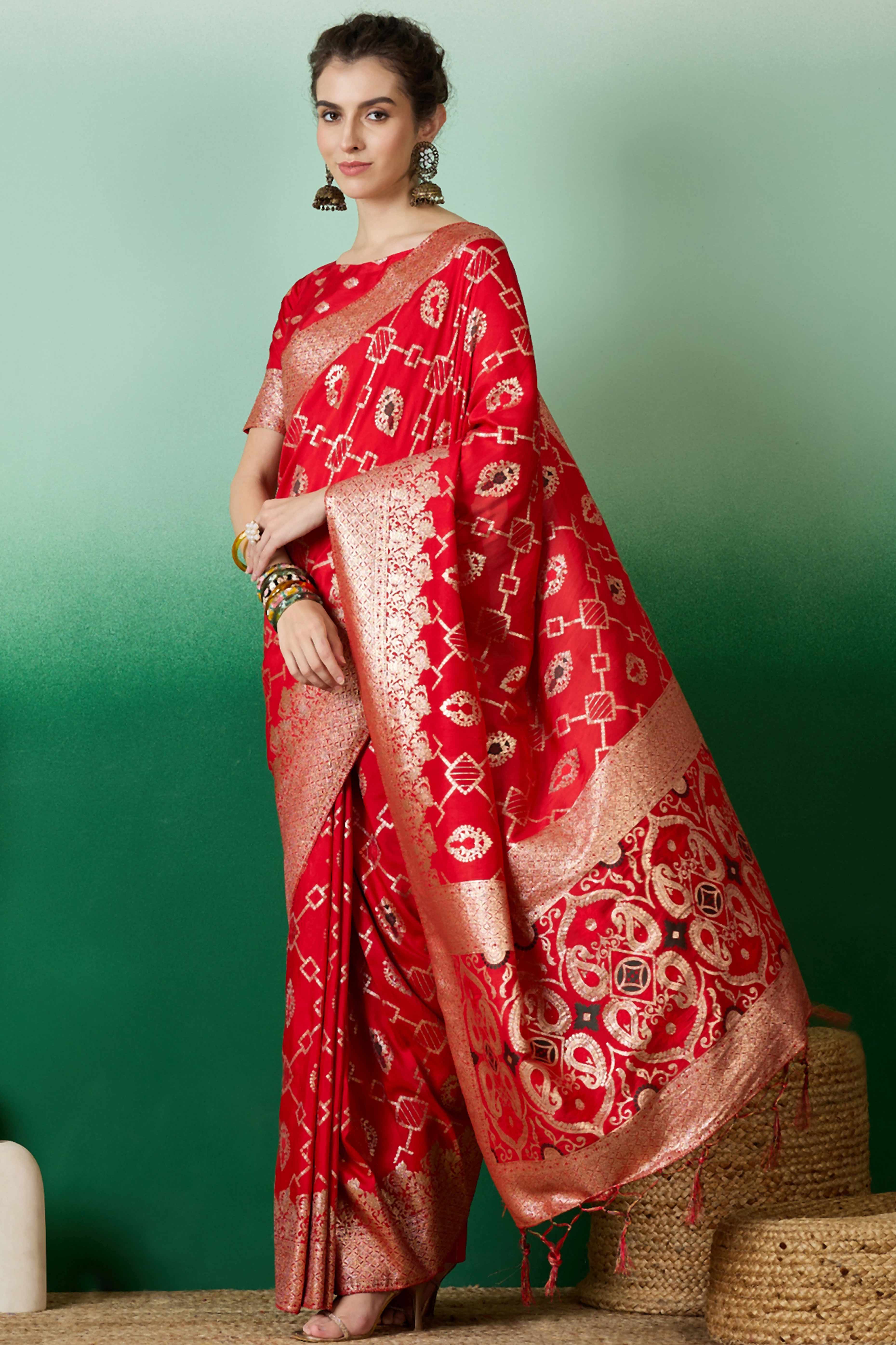 Red Zari Woven Staple Cotton Blend Saree With Floral Motifs & Tassel Detailed Pallu